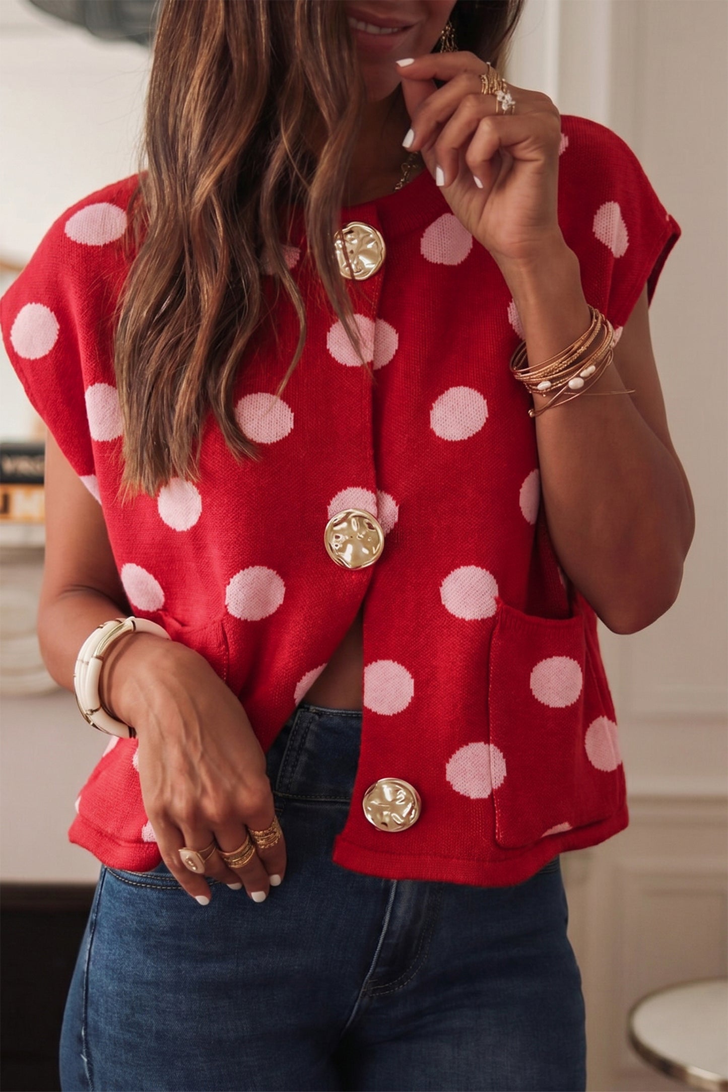 Red Polka Dot Sleeveless Knit Button Drop Shoulder Sweater Vest
