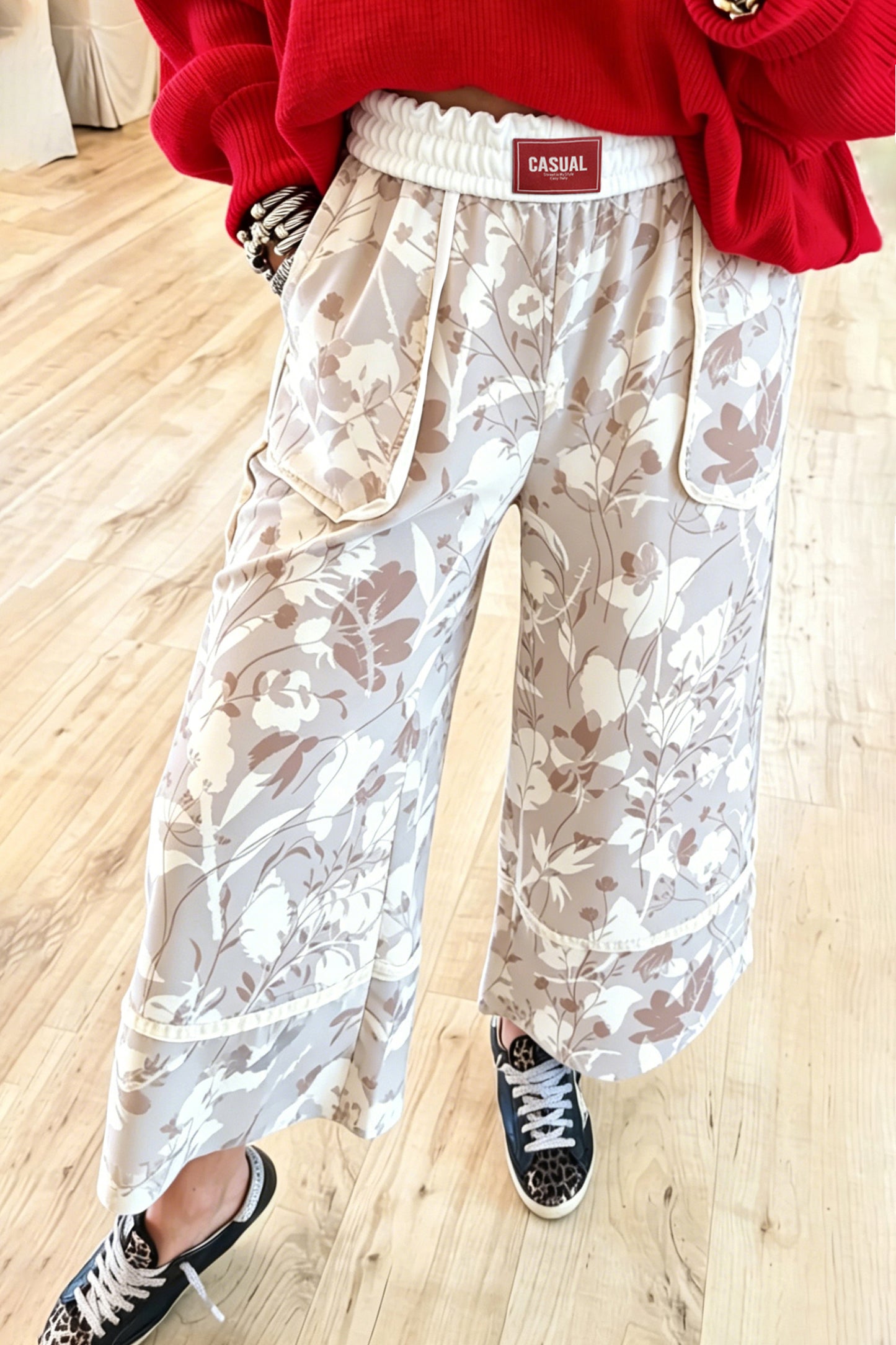 Gray Floral Print Wide Leg Ankle-Length Elastic Waistband Pants-Bottoms/Pants & Culotte-[Adult]-[Female]-2022 Online Blue Zone Planet