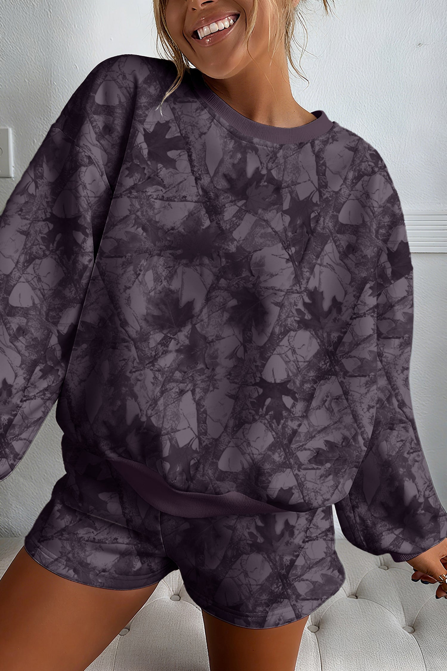 Brown Abstract Woodland Camo Print Baggy Pullover Drawstring Shorts Set-Two Piece Sets/Short Sets-[Adult]-[Female]-2022 Online Blue Zone Planet