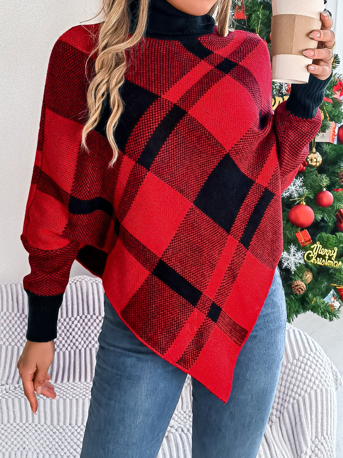 Plaid Turtleneck Batwing Sleeve Sweater-TOPS / DRESSES-[Adult]-[Female]-2022 Online Blue Zone Planet