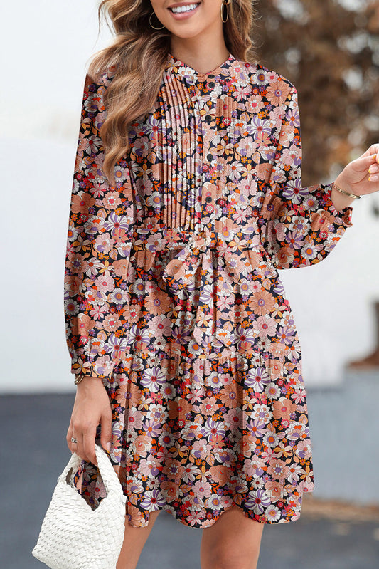 Multicolour Floral Print Long Sleeve Pleated Detail Bleted Mini Dress-TOPS / DRESSES-[Adult]-[Female]-Multicolour-S-2022 Online Blue Zone Planet