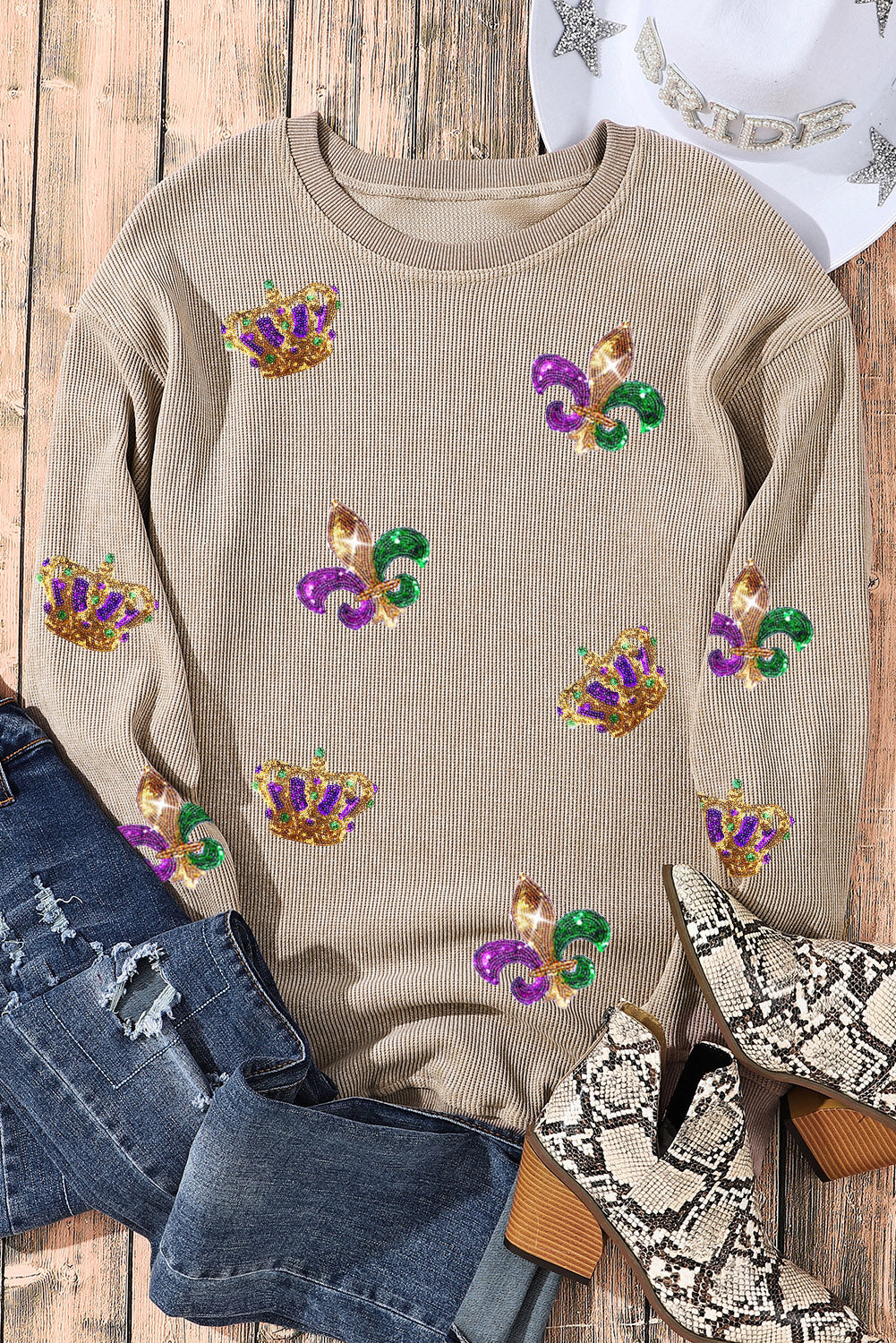 Khaki Mardi Gras Sequin Crown Fleur De Lis Corded Sweatshirt-Graphic/Graphic Sweatshirts-[Adult]-[Female]-2022 Online Blue Zone Planet