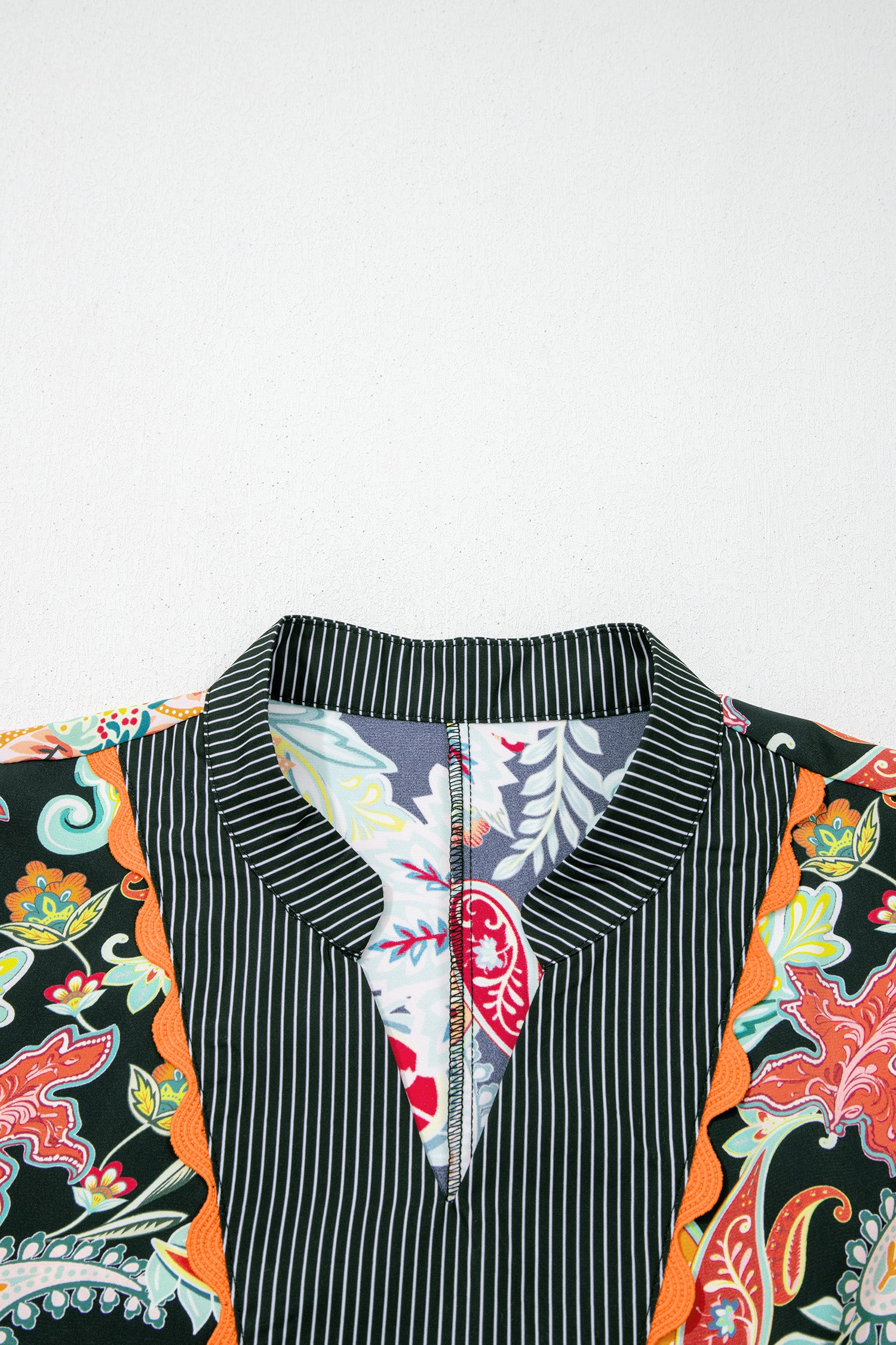 Black Contrast Ricrac Trim Striped Edge Patchwork Floral Print Blouse-Tops/Blouses & Shirts-[Adult]-[Female]-2022 Online Blue Zone Planet