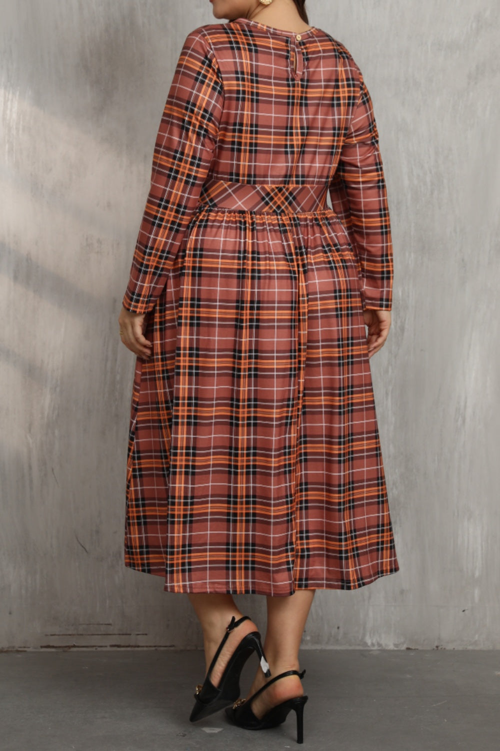 Plus Size Plaid Round Neck Long Sleeve Midi Dress-TOPS / DRESSES-[Adult]-[Female]-2022 Online Blue Zone Planet