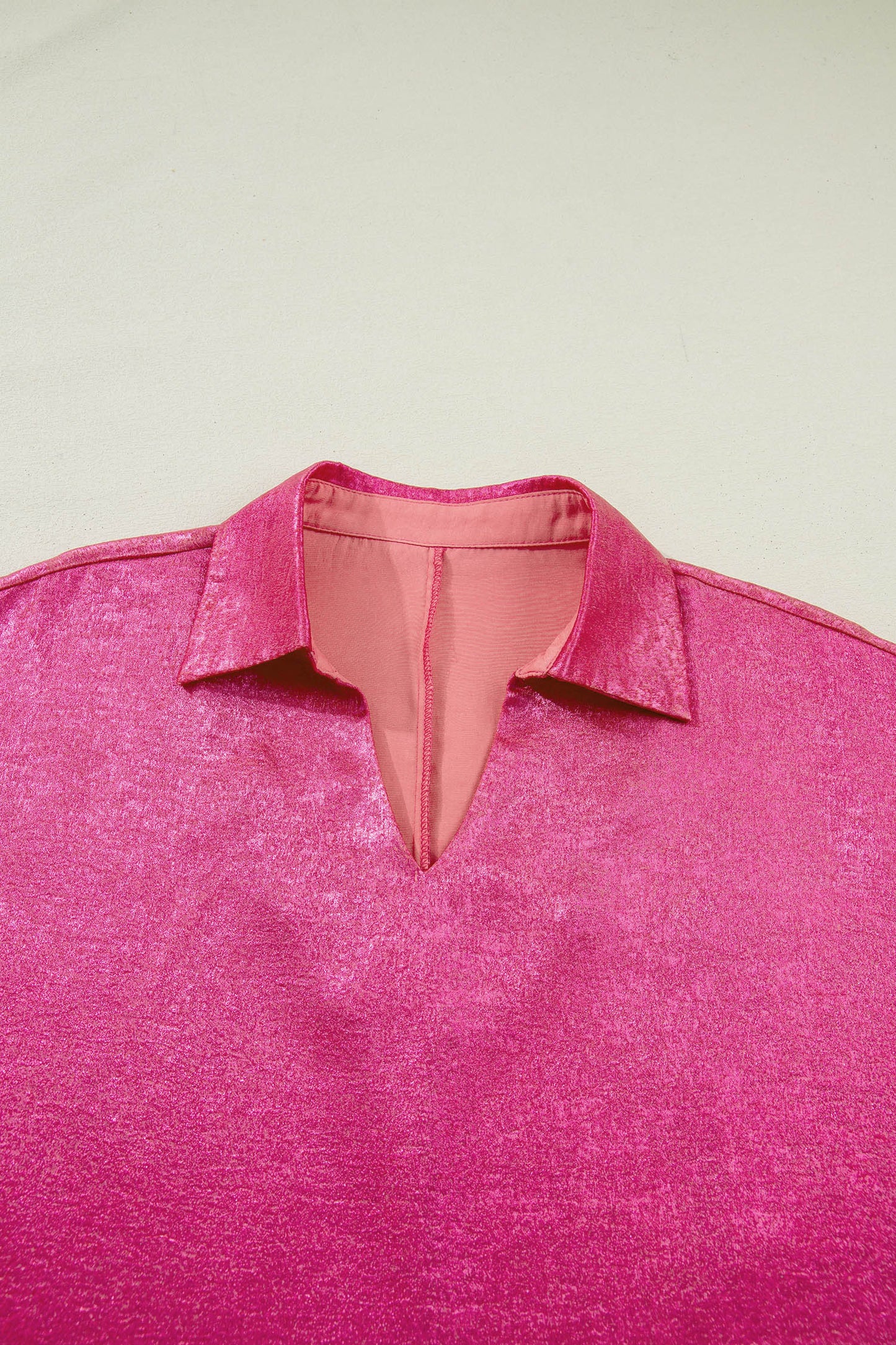 Strawberry Pink Collared V Neck Half Sleeve Metallic Top-Tops/Blouses & Shirts-[Adult]-[Female]-2022 Online Blue Zone Planet