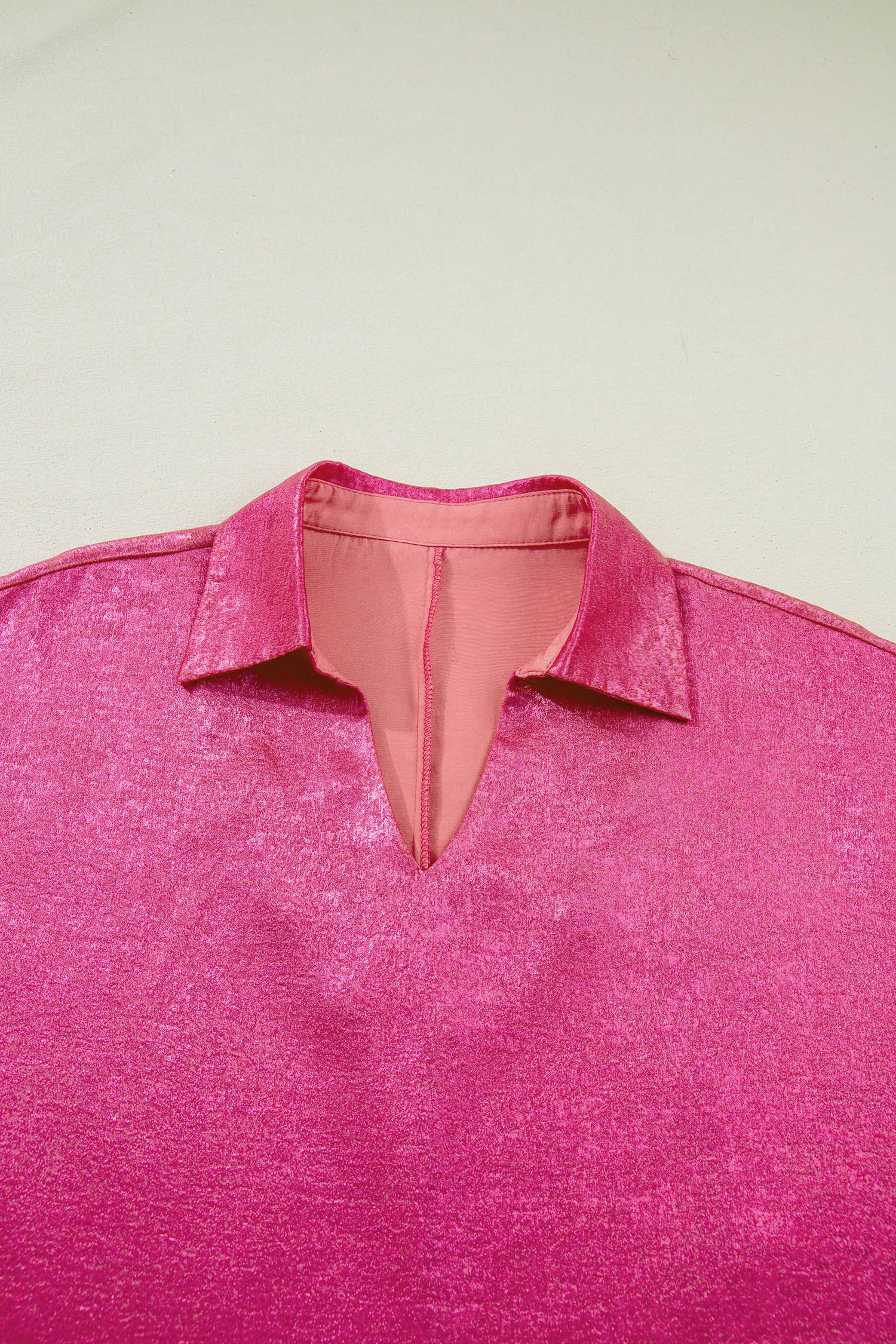 Strawberry Pink Collared V Neck Half Sleeve Metallic Top-Tops/Blouses & Shirts-[Adult]-[Female]-2022 Online Blue Zone Planet