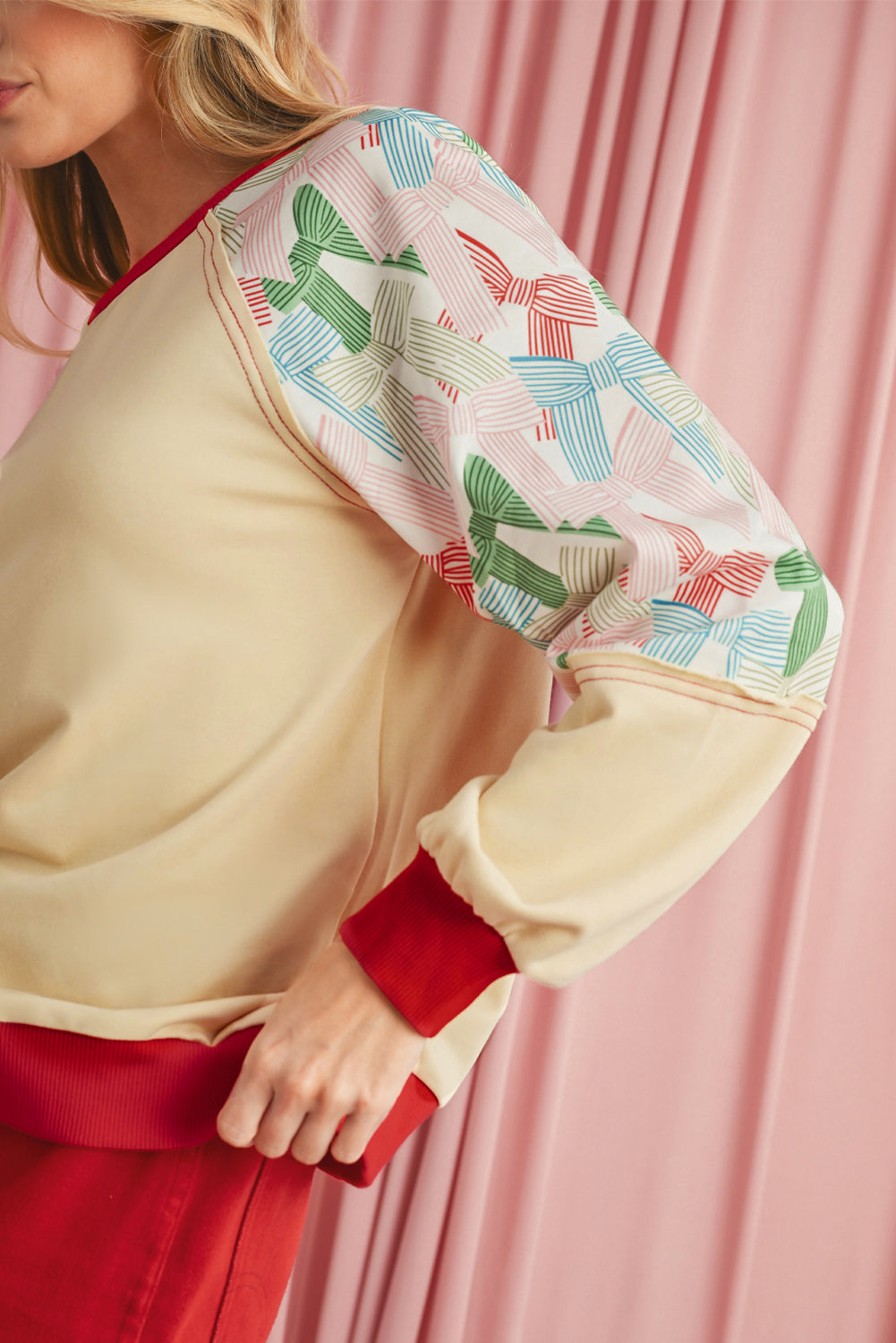 Blue Zone Planet | Beige Bowknot Print Patchwork Raglan Sleeve Top-Long Sleeve Tops-[Adult]-[Female]-2022 Online Blue Zone Planet