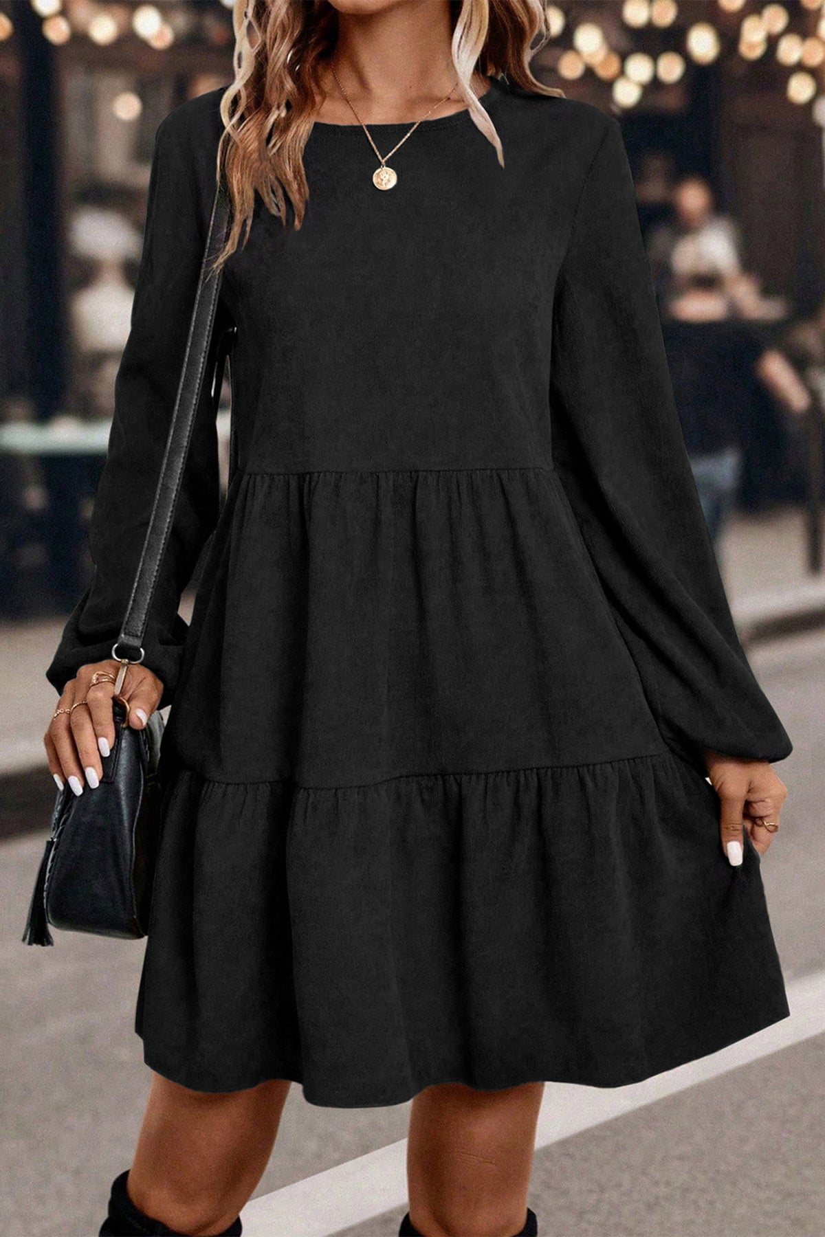 Black Lantern Sleeve Tiered Mini Dress