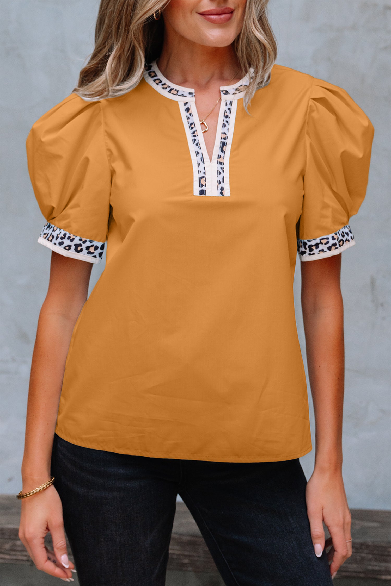 Buckskin Contrast Leopard Trim Split Neck Puff Sleeve Blouse-Tops/Blouses & Shirts-[Adult]-[Female]-2022 Online Blue Zone Planet