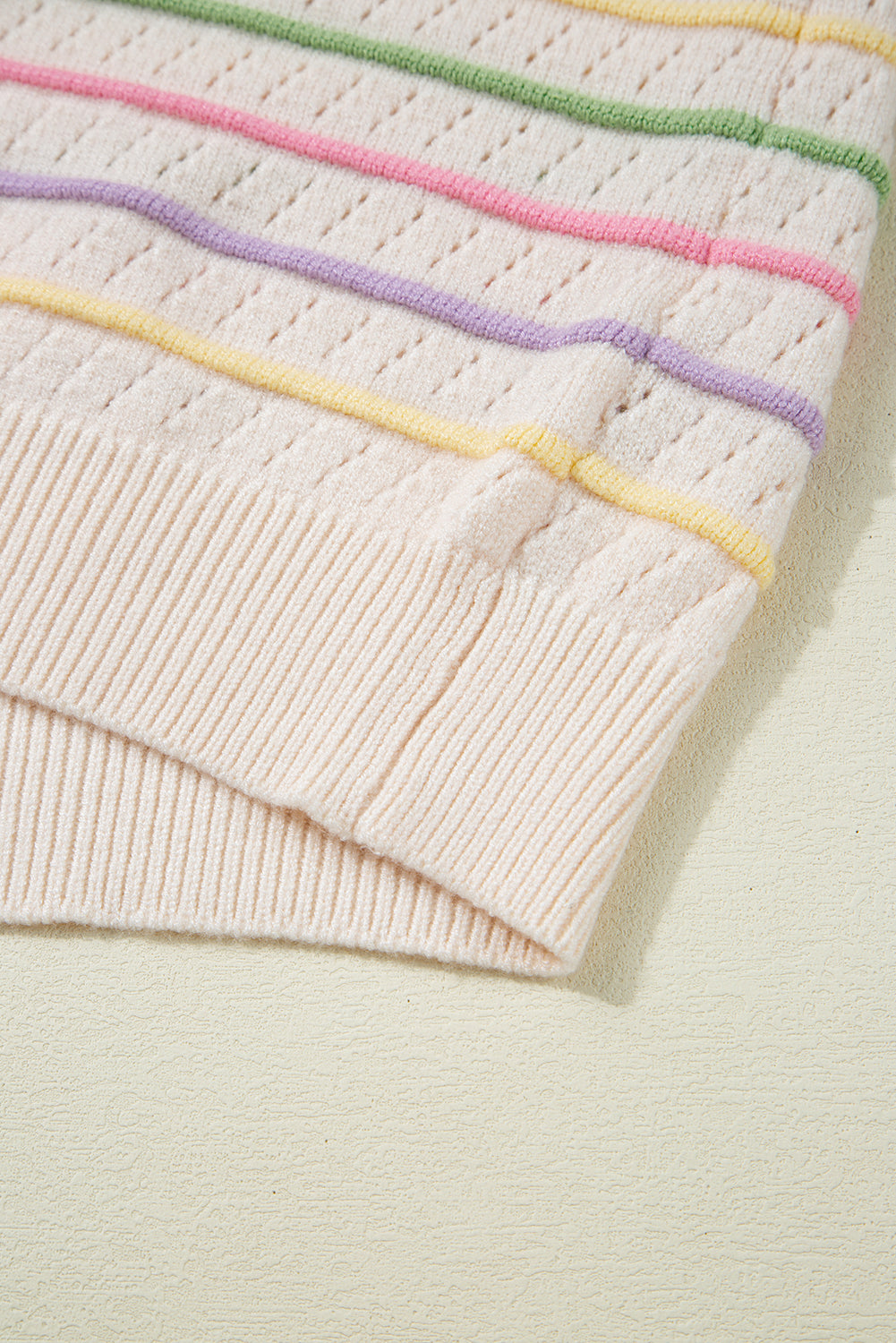 Oatmeal Colorful Striped Eyelet Knit Ruffled Sleeve Sweater T Shirt-Sweaters & Cardigans/Short Sleeve Sweaters-[Adult]-[Female]-2022 Online Blue Zone Planet