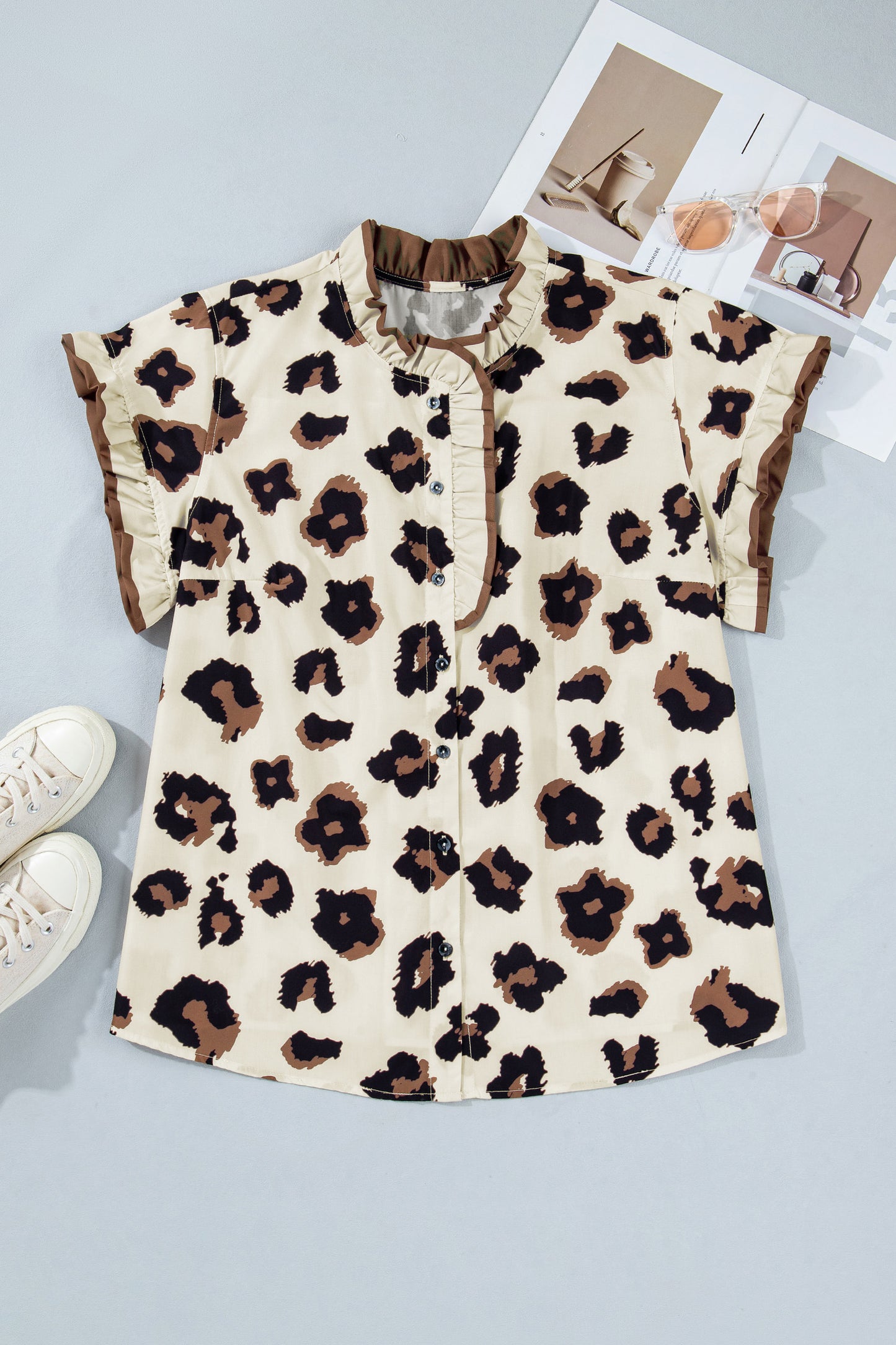 Khaki Plus Size Leopard Print Frilled Color Block Trim Button Down Short Sleeve Blouse-Plus Size/Plus Size Tops/Plus Size Blouses & Shirts-[Adult]-[Female]-2022 Online Blue Zone Planet