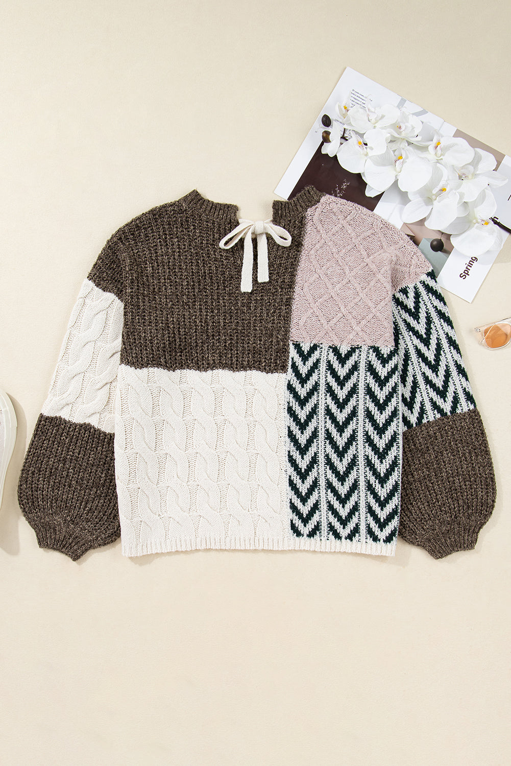 Brown Plus Size Color Block Patchwork Knotted Back Loose Fit Sweater-TOPS / DRESSES-[Adult]-[Female]-2022 Online Blue Zone Planet