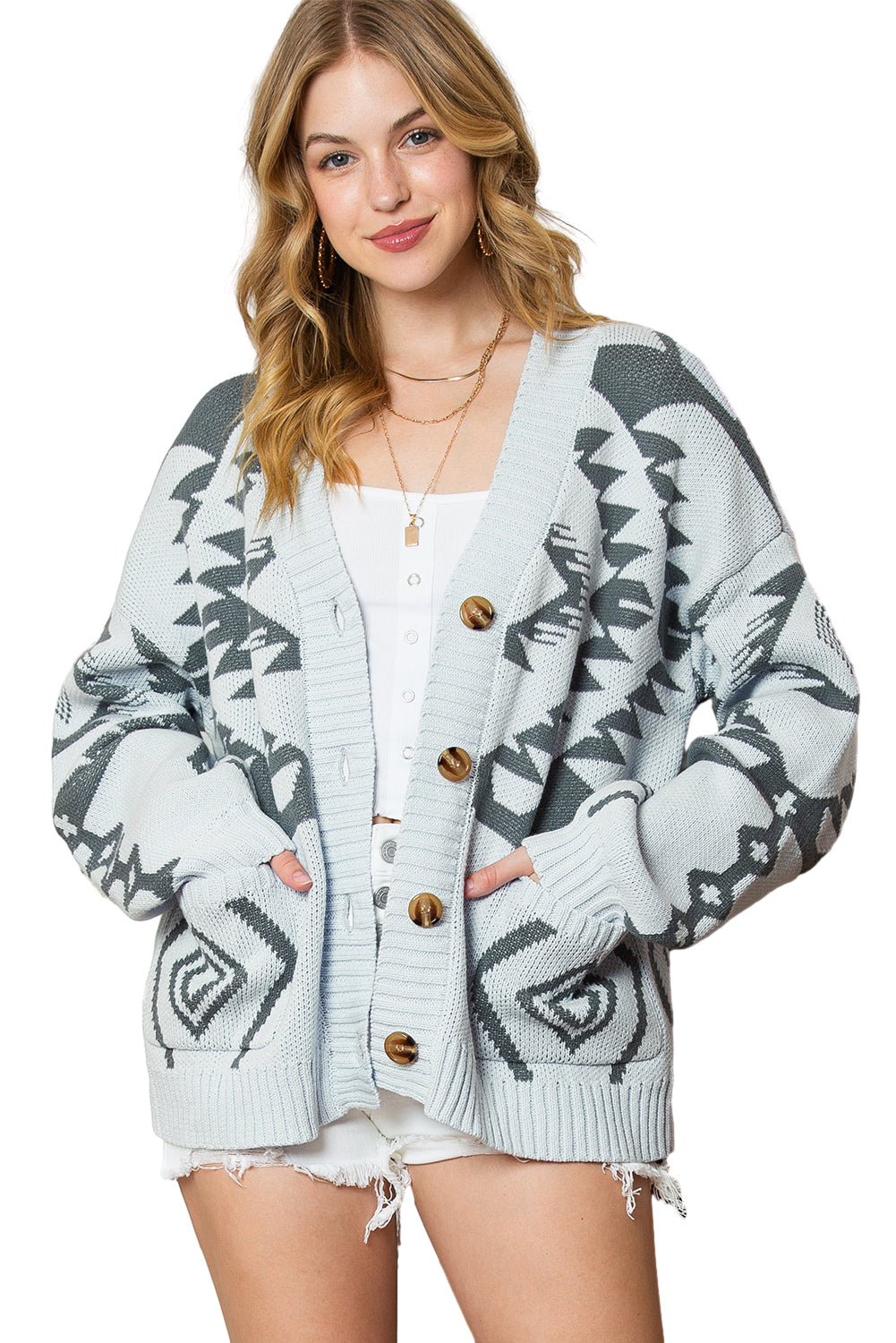 Light Grey Geometric Pattern Ribbed Trim Button Up Cardigan-Cardigans-[Adult]-[Female]-2022 Online Blue Zone Planet