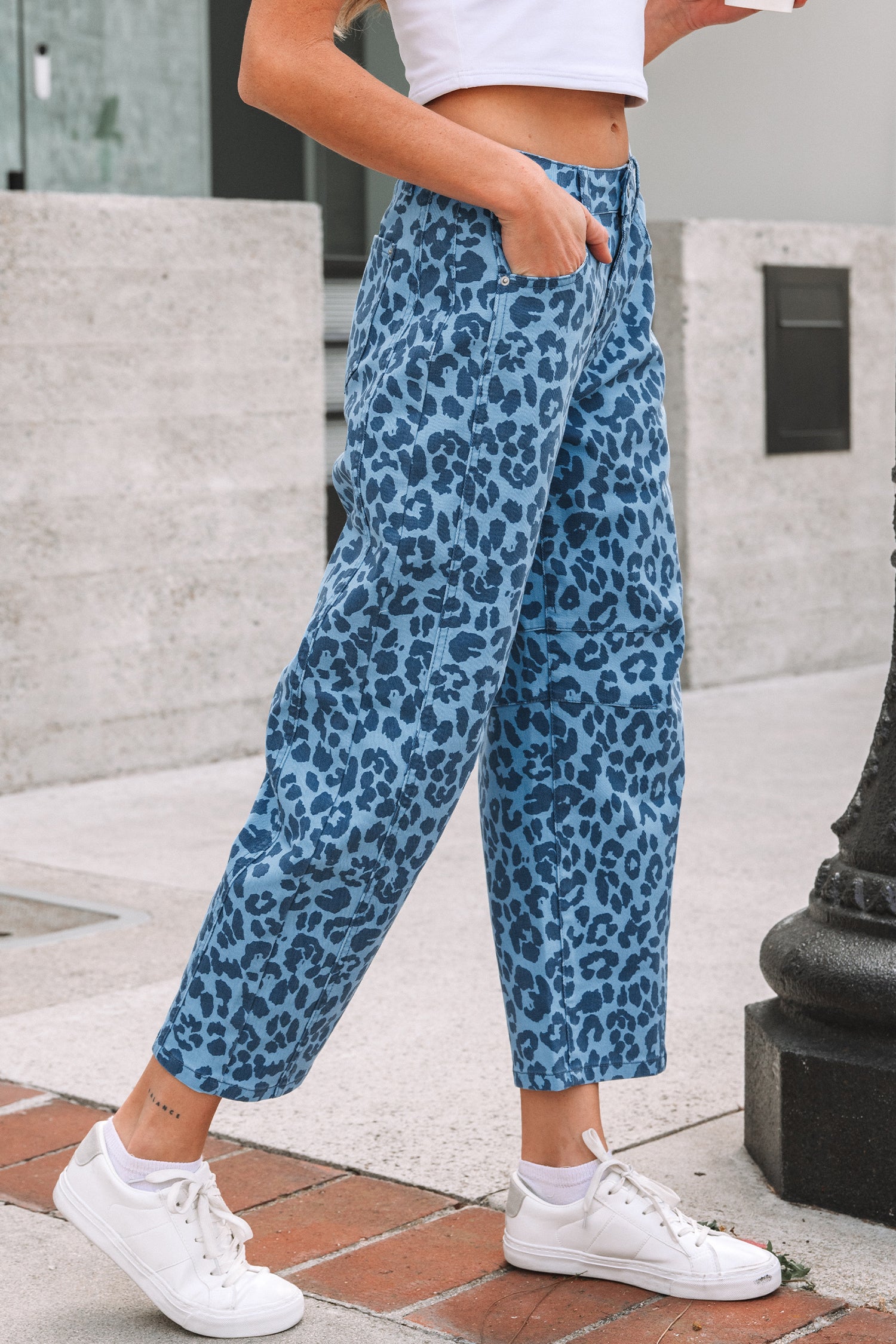Sky Blue Leopard Print Straight Loose Jeans-Bottoms/Jeans-[Adult]-[Female]-2022 Online Blue Zone Planet