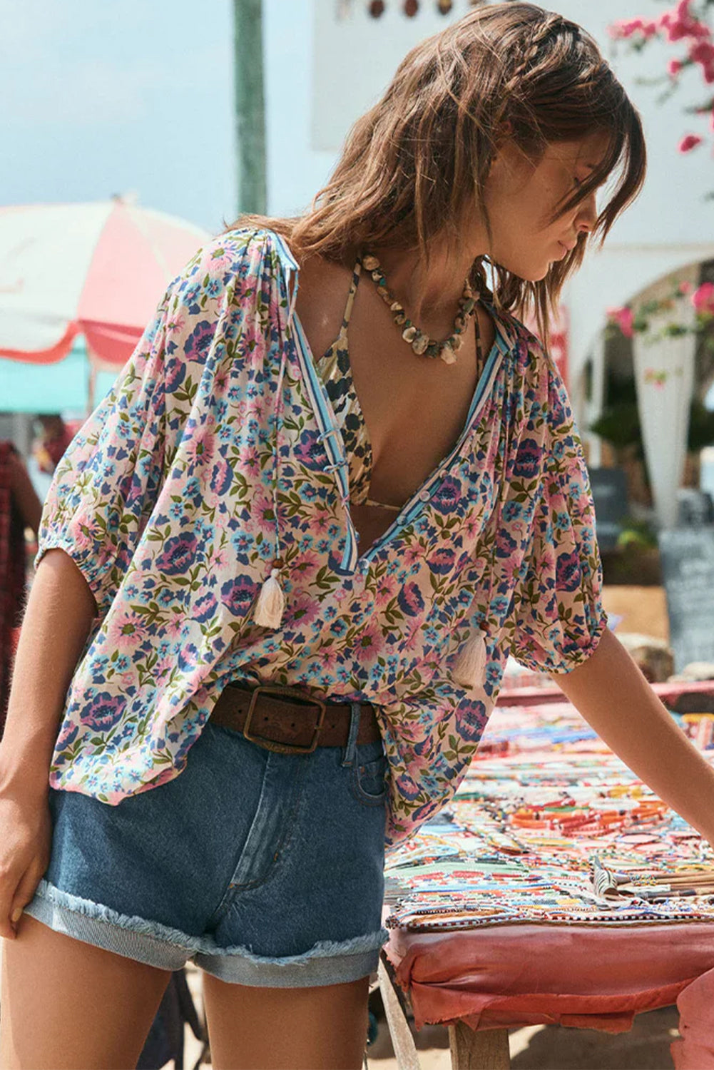 Multicolour Boho Floral Tassel Tie V Neck Blouse-Blouses-[Adult]-[Female]-2022 Online Blue Zone Planet