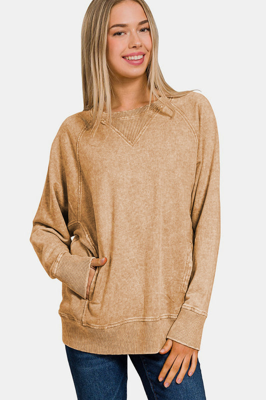 Zenana Pocketed Round Neck Sweatshirt-TOPS / DRESSES-[Adult]-[Female]-Camel-S-2022 Online Blue Zone Planet