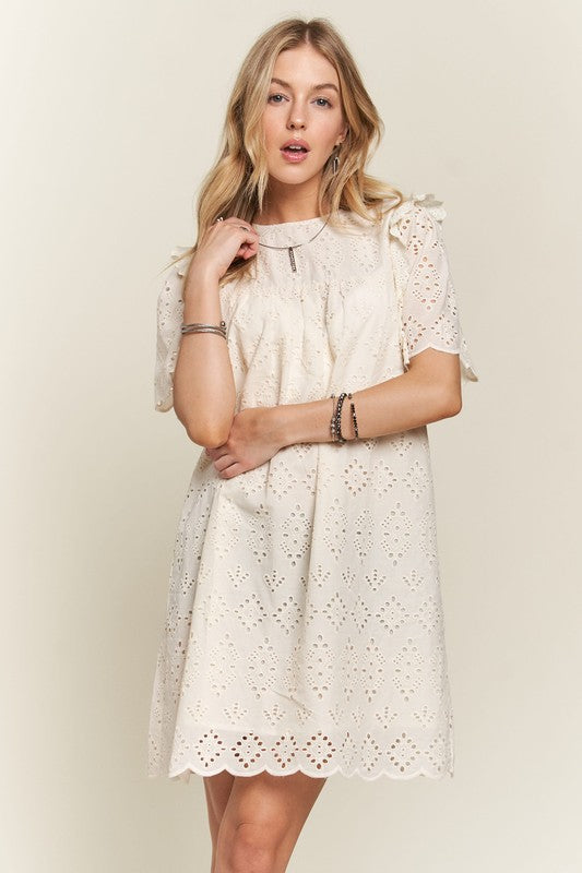 ADORA Ruffled Eyelet Round Neck Dress-TOPS / DRESSES-[Adult]-[Female]-NATURAL-S-2022 Online Blue Zone Planet