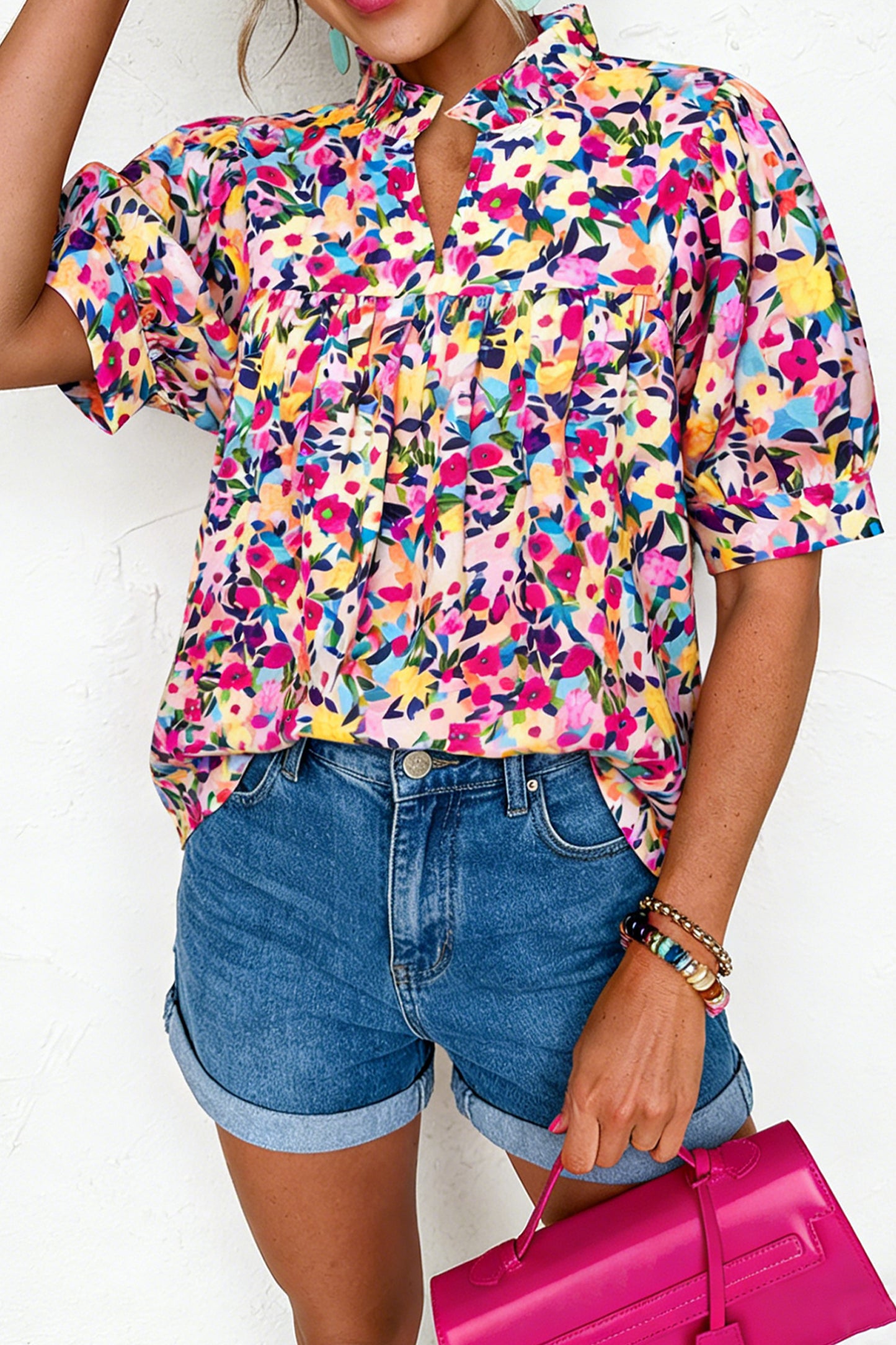 Pink Flower Print Frilled Collar Short Puff Sleeve Summer Blouse