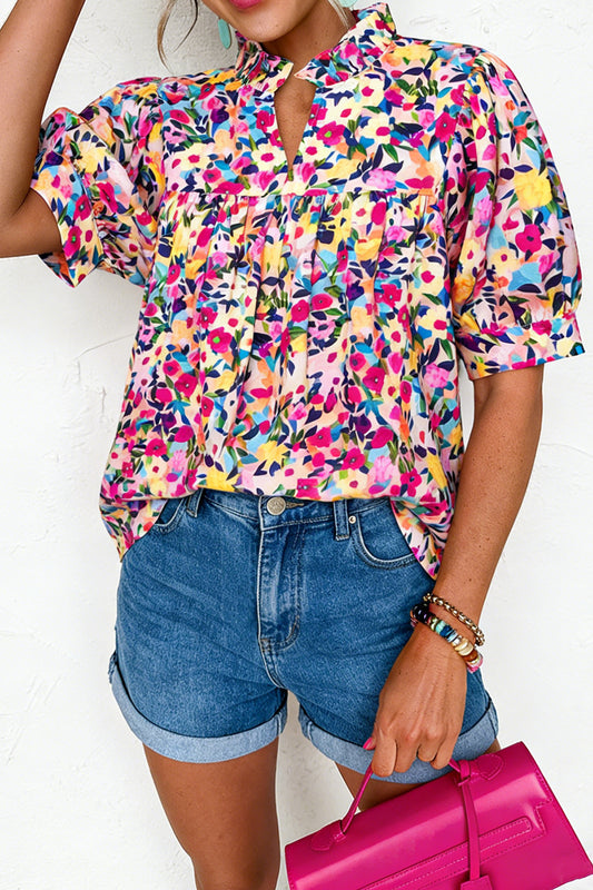 Pink Flower Print Frilled Collar Short Puff Sleeve Summer Blouse