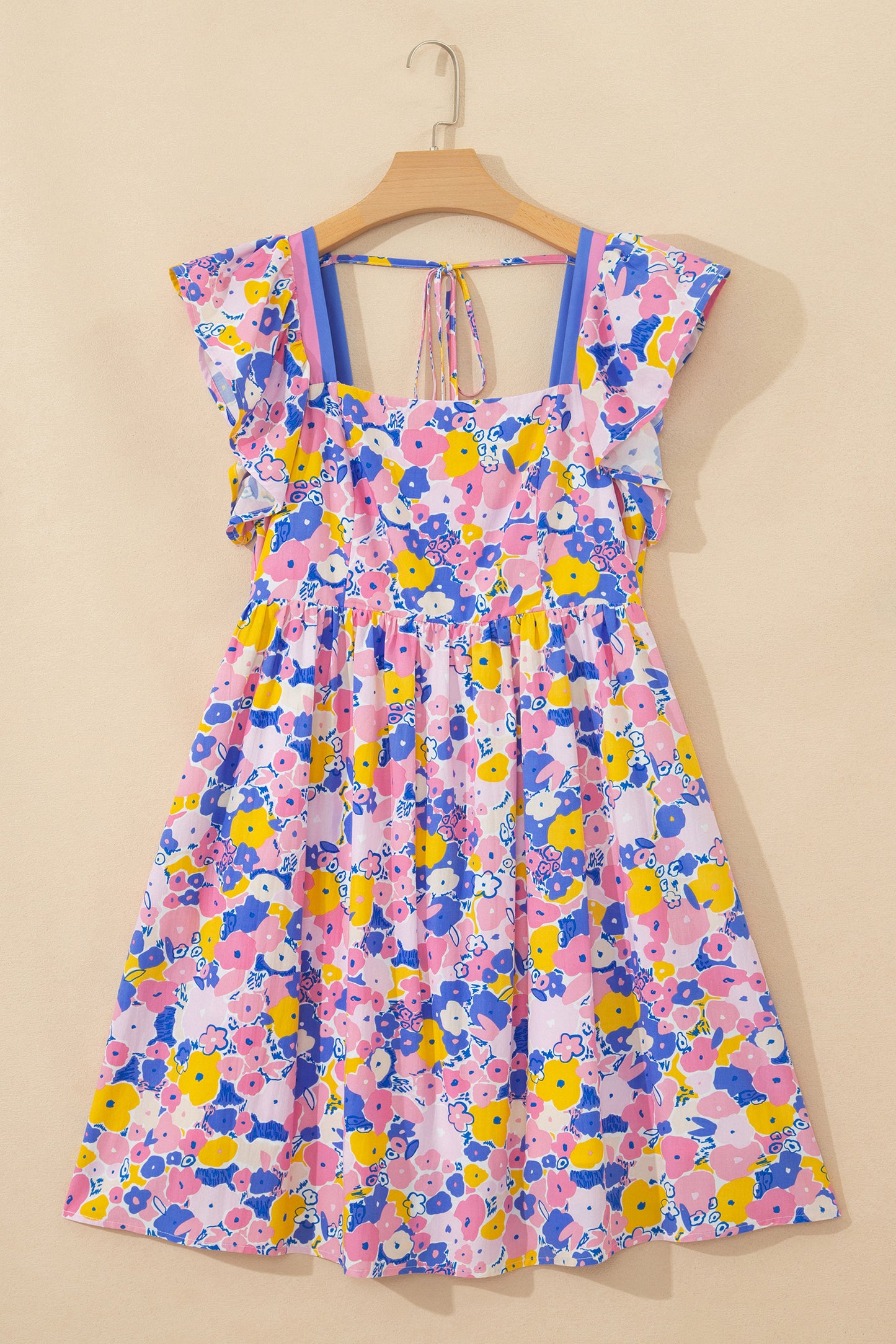 Multicolour Floral Print Flutter Sleeve Striped Trim Square Neck Loose Mini Dress-TOPS / DRESSES-[Adult]-[Female]-2022 Online Blue Zone Planet