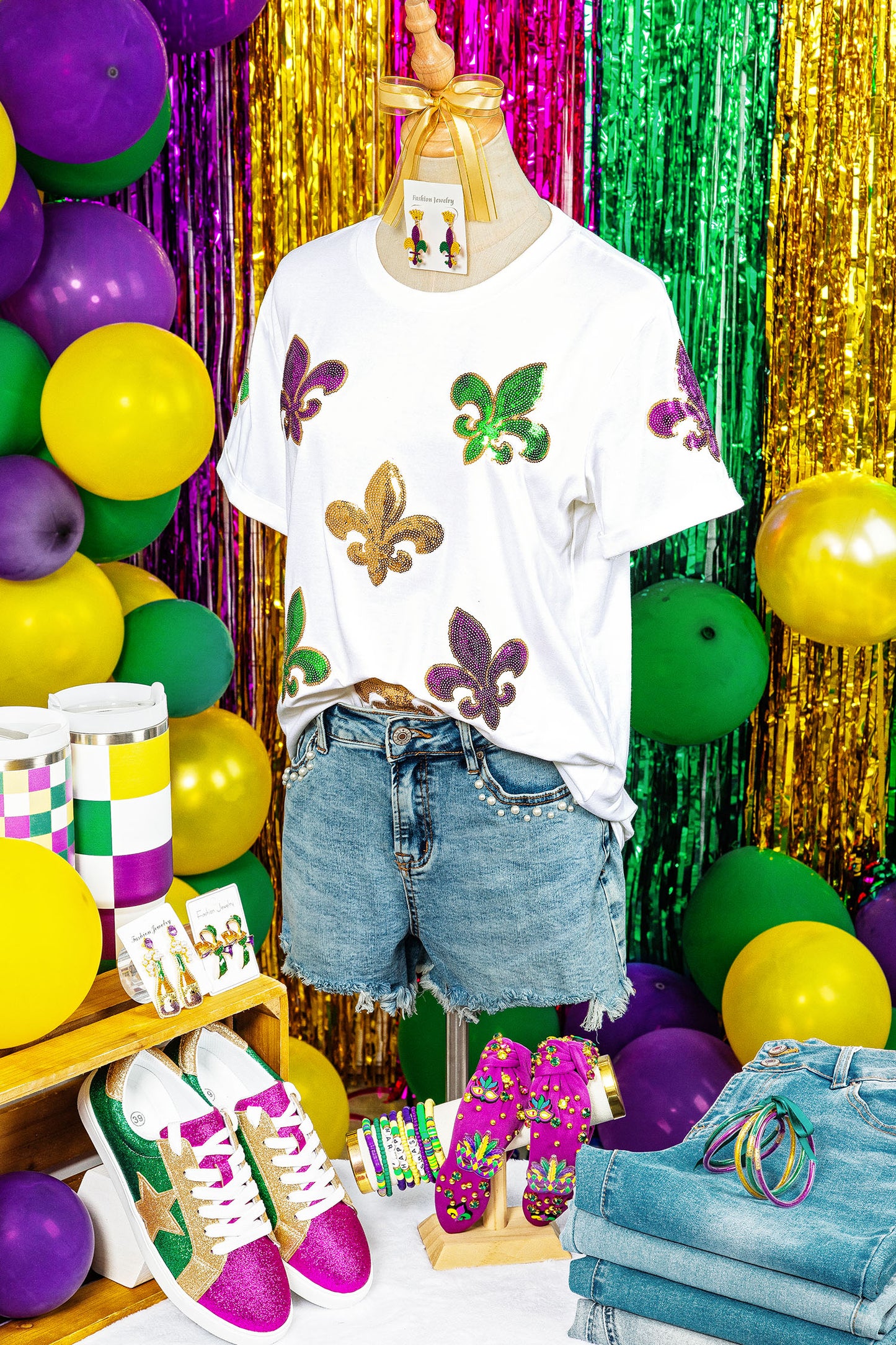 White Mardi Gras Fleur De Lis Sequin Graphic T Shirt-Graphic/Graphic Tees-[Adult]-[Female]-2022 Online Blue Zone Planet