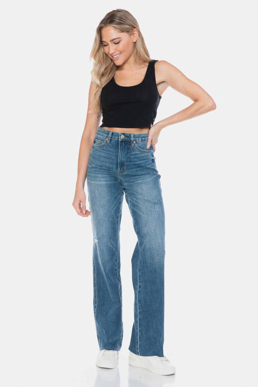 Blue Zone Planet | Judy Blue Full Size Tummy Control Cut Raw Hem Straight Jeans-BOTTOMS SIZES SMALL MEDIUM LARGE-[Adult]-[Female]-2022 Online Blue Zone Planet