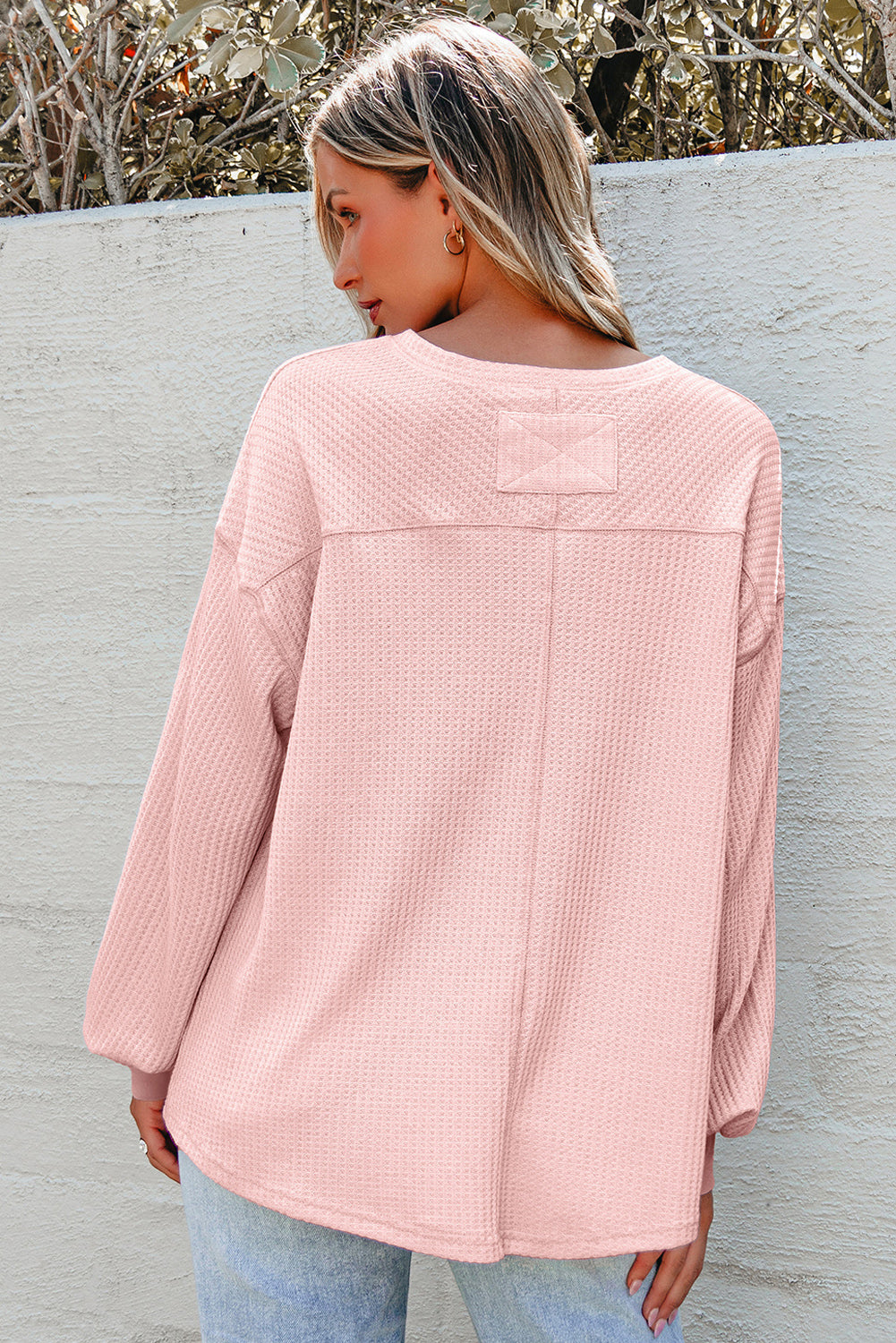 Blue Zone Planet | Orchid Petal Waffle V Neck Long Sleeve Drop Shoulder Loose Blouse-Tops/Blouses & Shirts-[Adult]-[Female]-2022 Online Blue Zone Planet