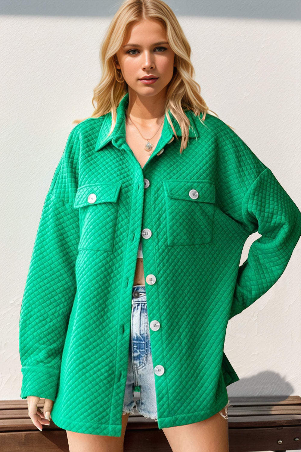 Double Take Full Size Textured Button Up Drop Shoulder Shacket-TOPS / DRESSES-[Adult]-[Female]-Green-S-2022 Online Blue Zone Planet