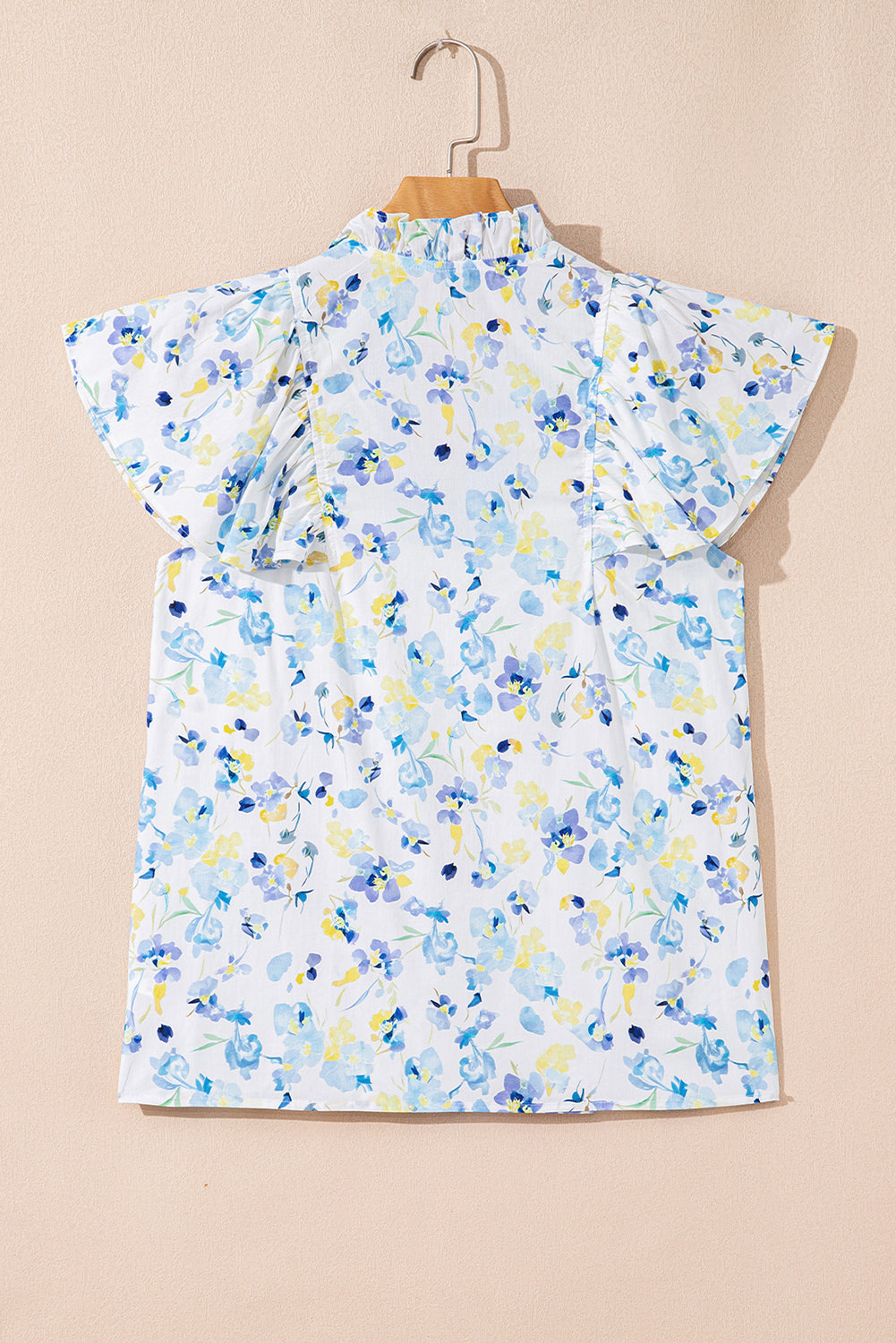 Sky Blue Floral Print Frilled Notched V Neck Blouse-Tops/Blouses & Shirts-[Adult]-[Female]-2022 Online Blue Zone Planet
