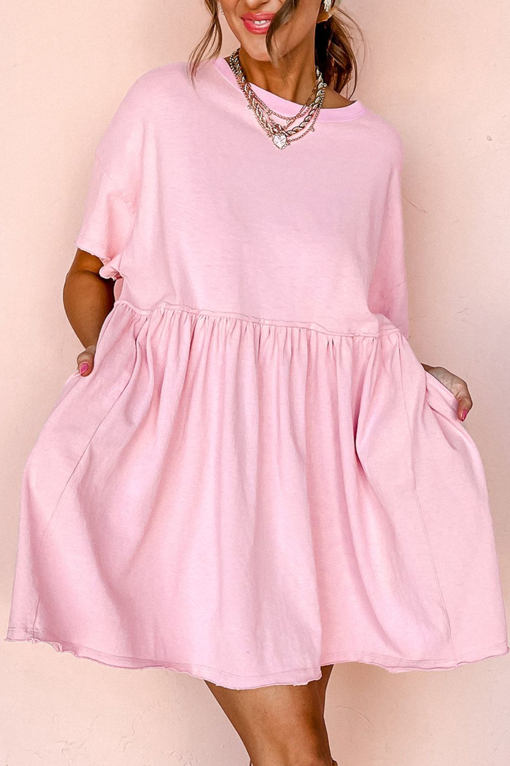 Round Neck Half Sleeve Mini Dress-TOPS / DRESSES-[Adult]-[Female]-Blush Pink-S-2022 Online Blue Zone Planet