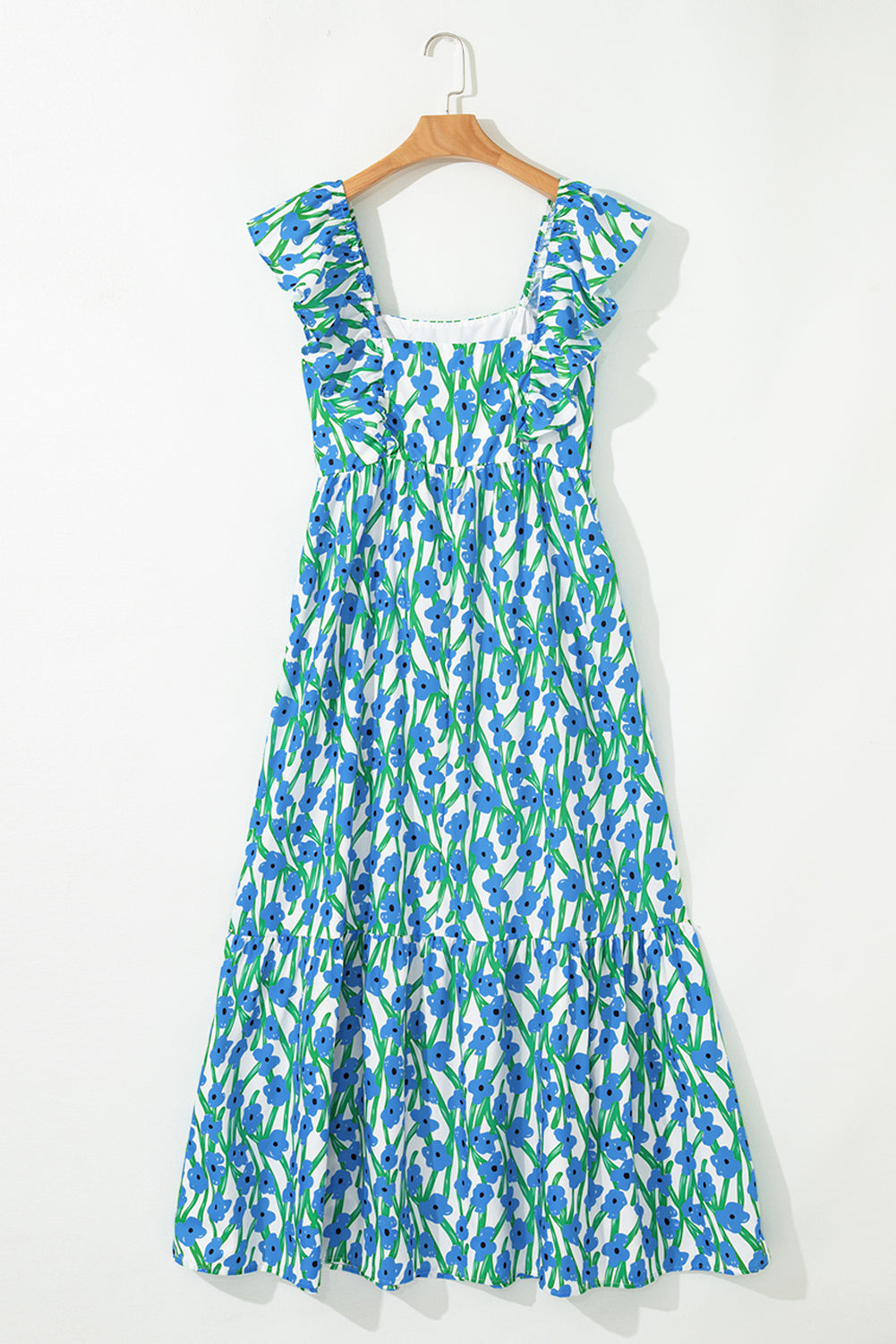 Blue Floral Print Square Neck Ruffled Strap Maxi Dress-TOPS / DRESSES-[Adult]-[Female]-2022 Online Blue Zone Planet