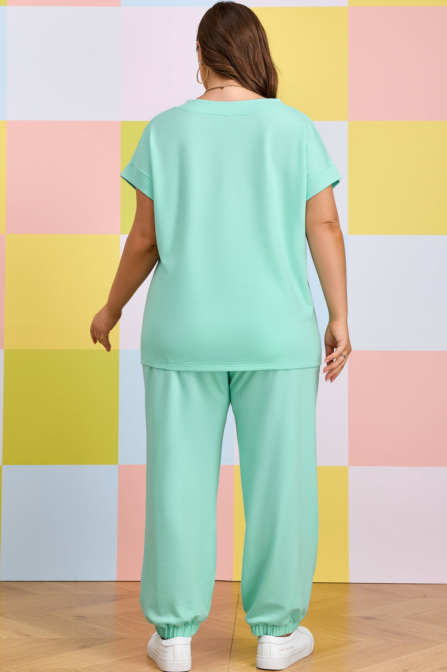 Bonbon Solid V-Neck Tee and Drawstring Plus Size Pants Set-Plus Size/Plus Size Loungewear-[Adult]-[Female]-2022 Online Blue Zone Planet