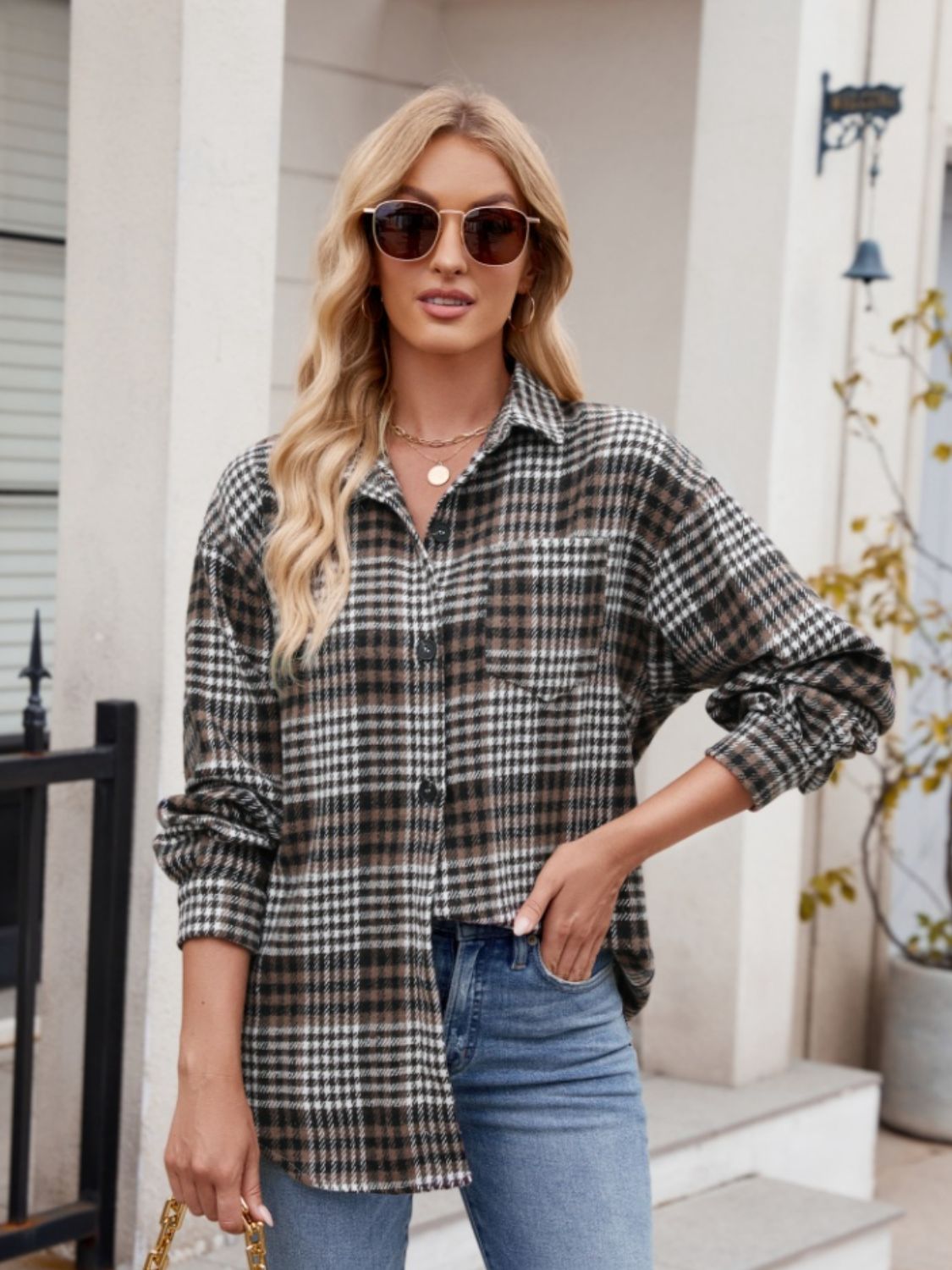 Mandy Pocketed Plaid Collared Neck Long Sleeve Shirt-TOPS / DRESSES-[Adult]-[Female]-2022 Online Blue Zone Planet