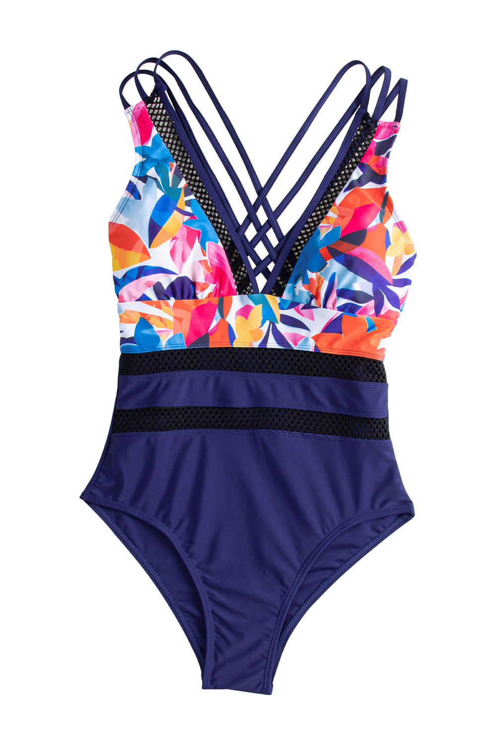 Blue Floral Leopard Splicing Color Block Mesh One Piece Swimsuit-One-Piece-[Adult]-[Female]-2022 Online Blue Zone Planet