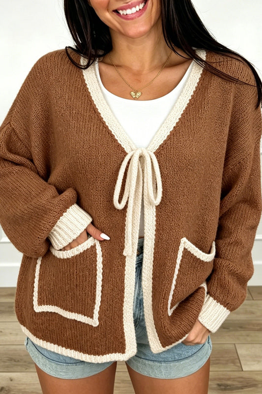 Chestnut Contrast Trim V-Neck Tie Front Loose Sweater Cardigan-Sweaters & Cardigans/Cardigans-[Adult]-[Female]-Chestnut-S-2022 Online Blue Zone Planet
