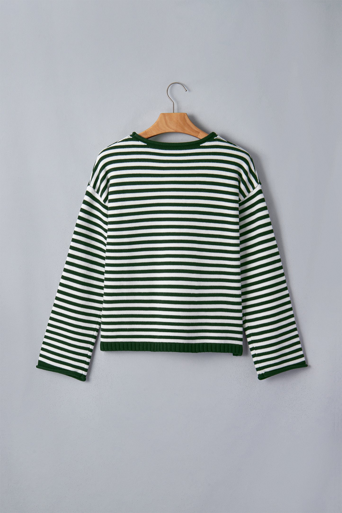 Green Stripe Striped Button Placket Drop Shoulder Long Sleeve Sweater-Sweaters & Cardigans/Sweaters-[Adult]-[Female]-2022 Online Blue Zone Planet