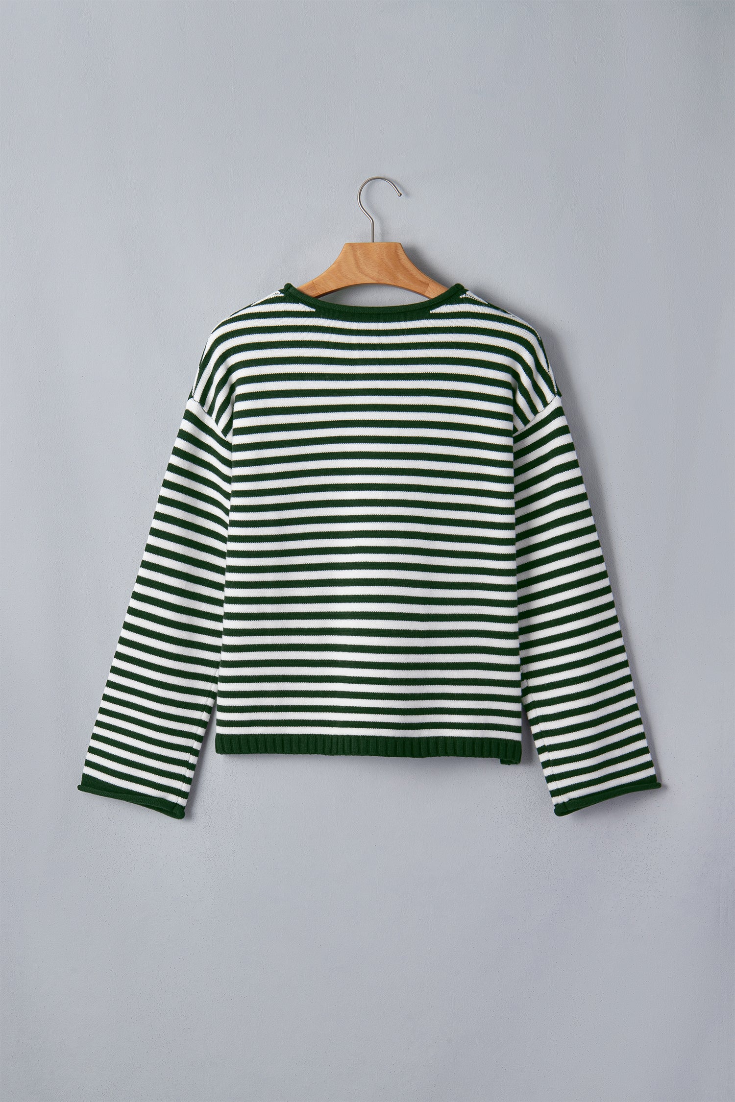 Green Stripe Striped Button Placket Drop Shoulder Long Sleeve Sweater-Sweaters & Cardigans/Sweaters-[Adult]-[Female]-2022 Online Blue Zone Planet
