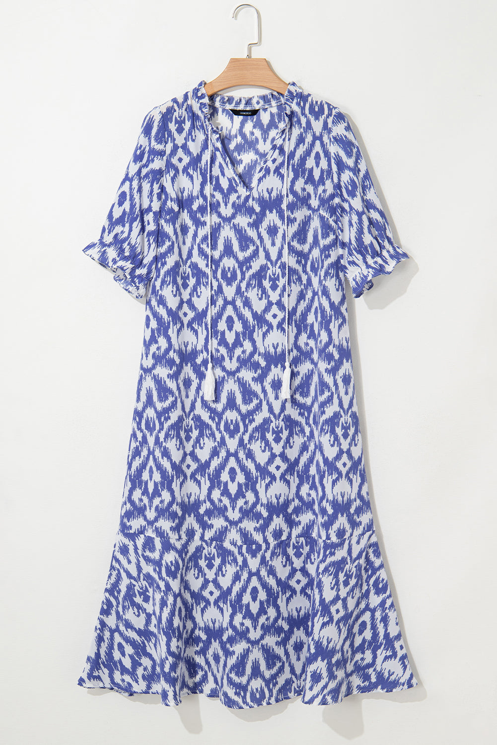 Sky Blue Geometric Print V Neck Casual Long Dress-Dresses/Maxi Dresses-[Adult]-[Female]-2022 Online Blue Zone Planet