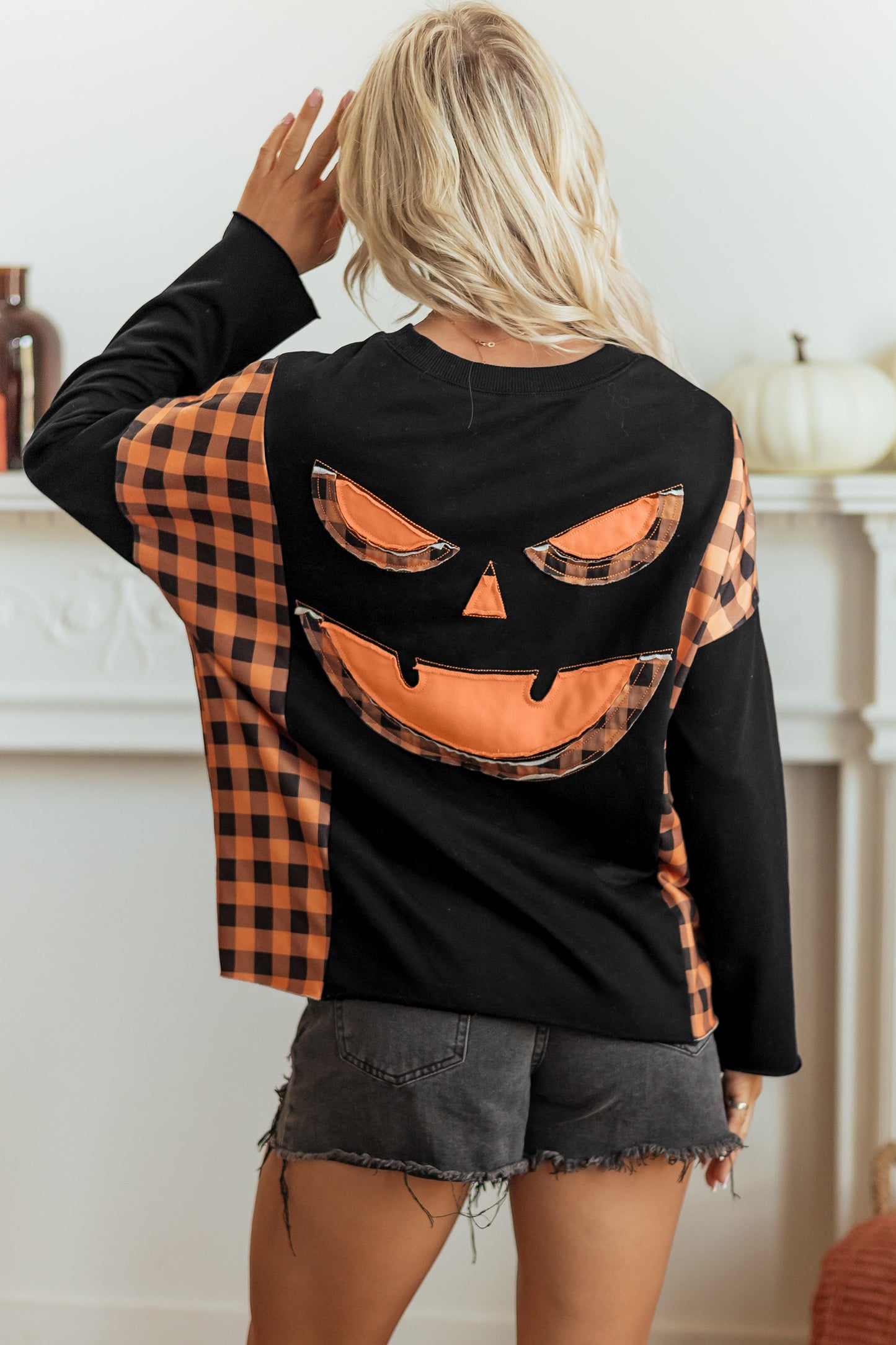 Black Patchwork Plaid Pumpkin Face Long Sleeve Top-Tops/Long Sleeve Tops-[Adult]-[Female]-2022 Online Blue Zone Planet
