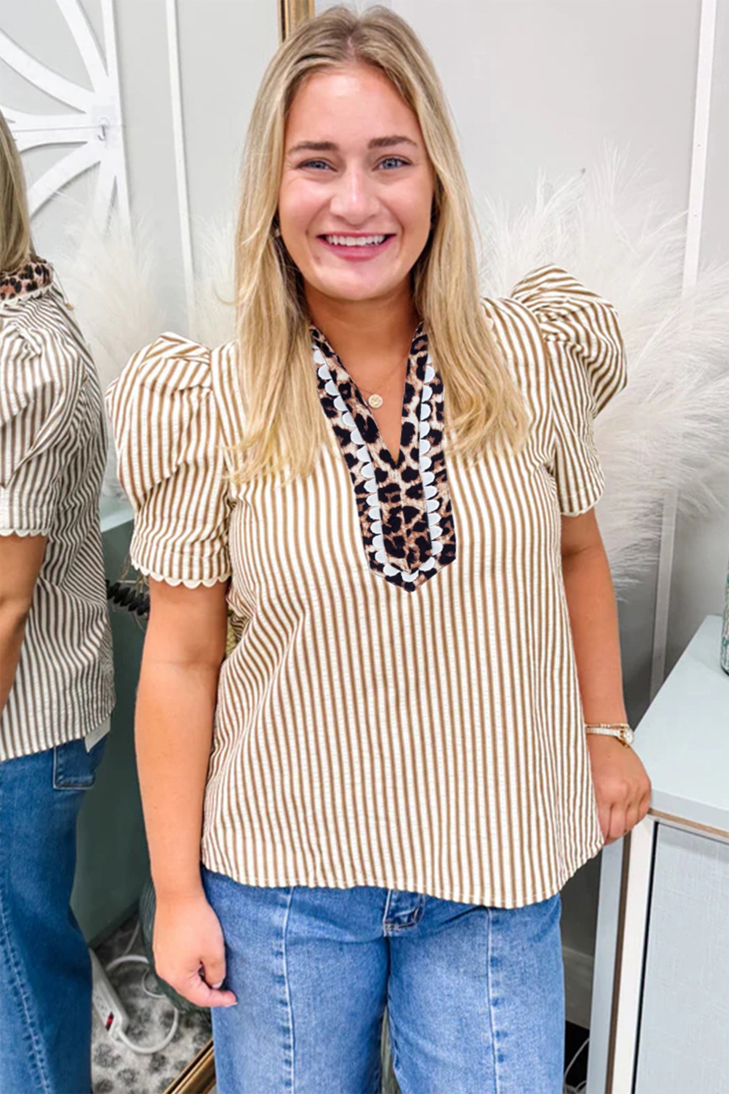 Brown Stripe Ricrac Trim Short Puff Sleeve Leopard Patchwork Collar V Neck Blouse-Tops/Blouses & Shirts-[Adult]-[Female]-2022 Online Blue Zone Planet