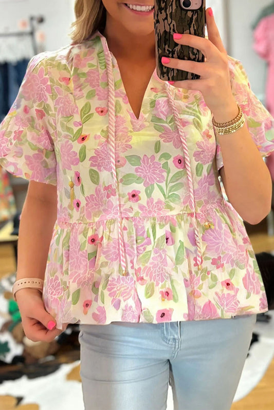 Pink Floral Print Drawstring V Neck Peplum Blouse-Tops/Blouses & Shirts-[Adult]-[Female]-Pink-S-2022 Online Blue Zone Planet