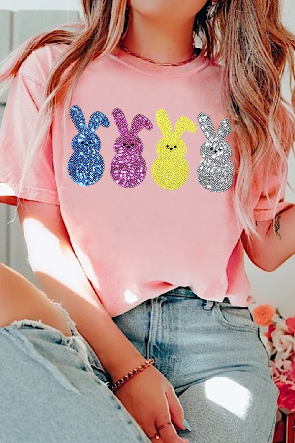 Pink Sequin Cute Bunny Graphic Easter Fashion Tee-Graphic/Graphic Tees-[Adult]-[Female]-2022 Online Blue Zone Planet