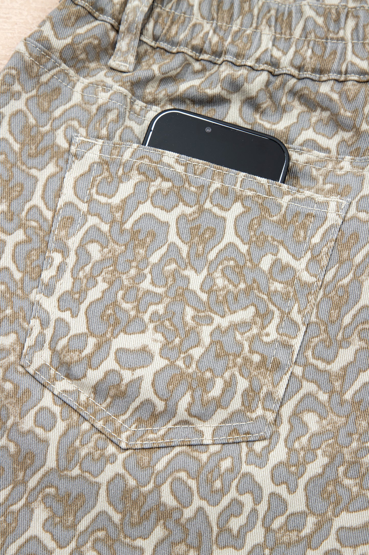 Khaki Raw Edge Leopard Print Denim Shorts-Bottoms/Denim Shorts-[Adult]-[Female]-2022 Online Blue Zone Planet