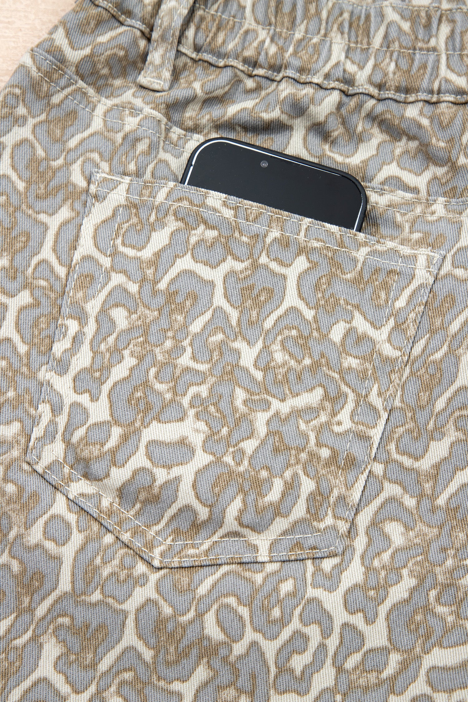 Khaki Raw Edge Leopard Print Denim Shorts-Bottoms/Denim Shorts-[Adult]-[Female]-2022 Online Blue Zone Planet