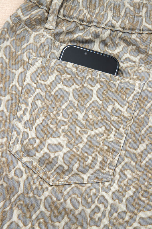 Khaki Raw Edge Leopard Print Denim Shorts-Bottoms/Denim Shorts-[Adult]-[Female]-2022 Online Blue Zone Planet