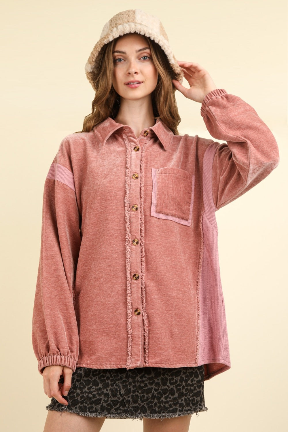 VERY J Mixed Media Button Down Raw Hem Shacket-TOPS / DRESSES-[Adult]-[Female]-Mauve-S-2022 Online Blue Zone Planet