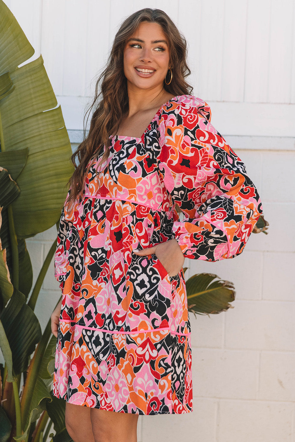Blue Zone Planet | Pink Bohemian Square Neck Puff Sleeve Mini Dress-TOPS / DRESSES-[Adult]-[Female]-2022 Online Blue Zone Planet