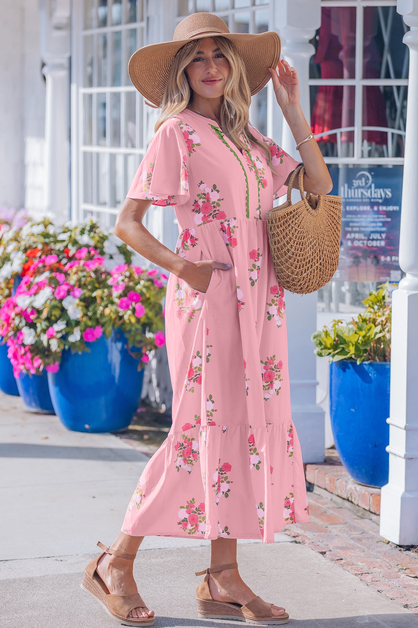 Pink Notched Neck Flutter Short Sleeve Floral Print Maxi Dress-TOPS / DRESSES-[Adult]-[Female]-2022 Online Blue Zone Planet