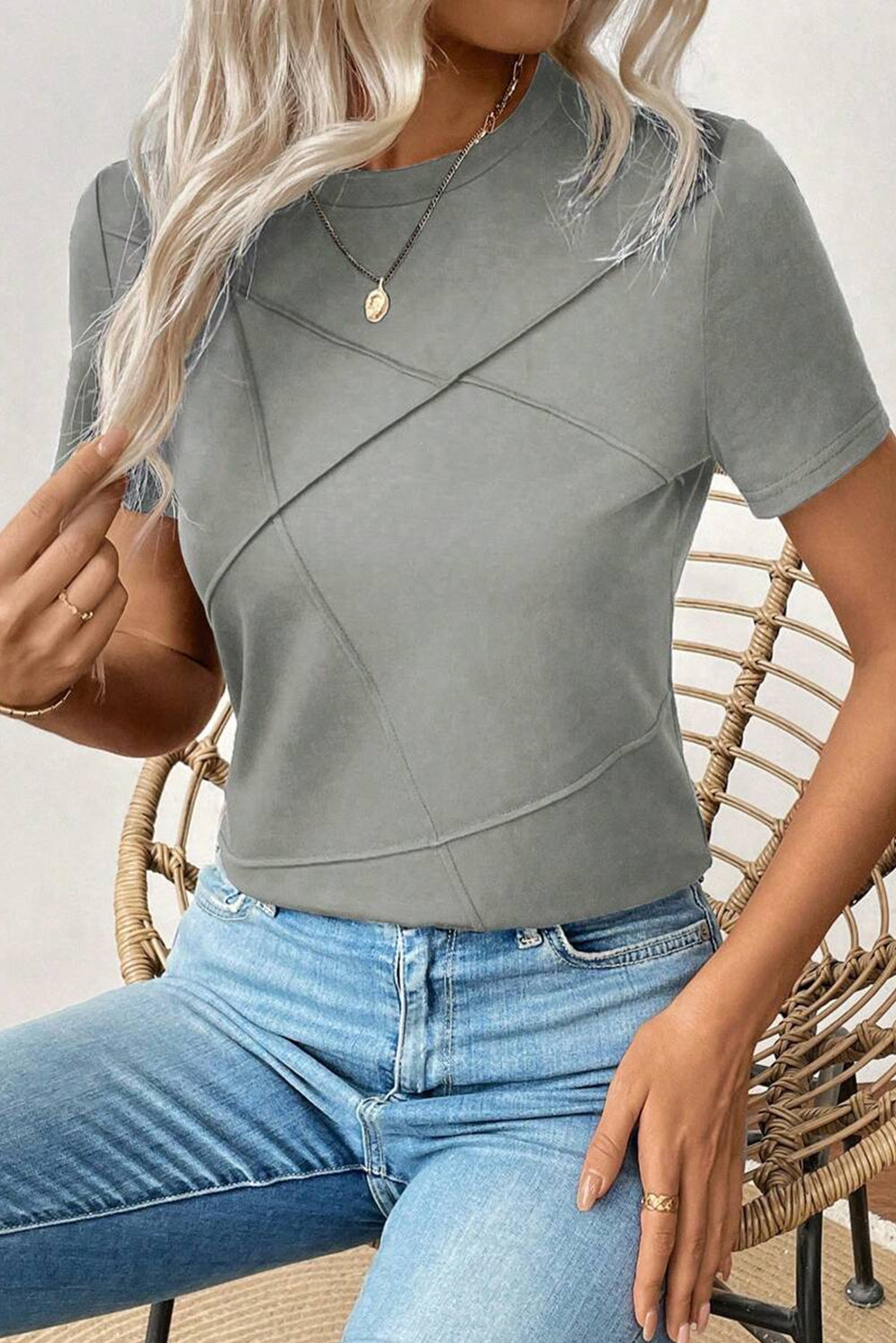 Medium Grey Solid Color Toothpick Stripe Round Neck T Shirt-Tops/Tops & Tees-[Adult]-[Female]-2022 Online Blue Zone Planet