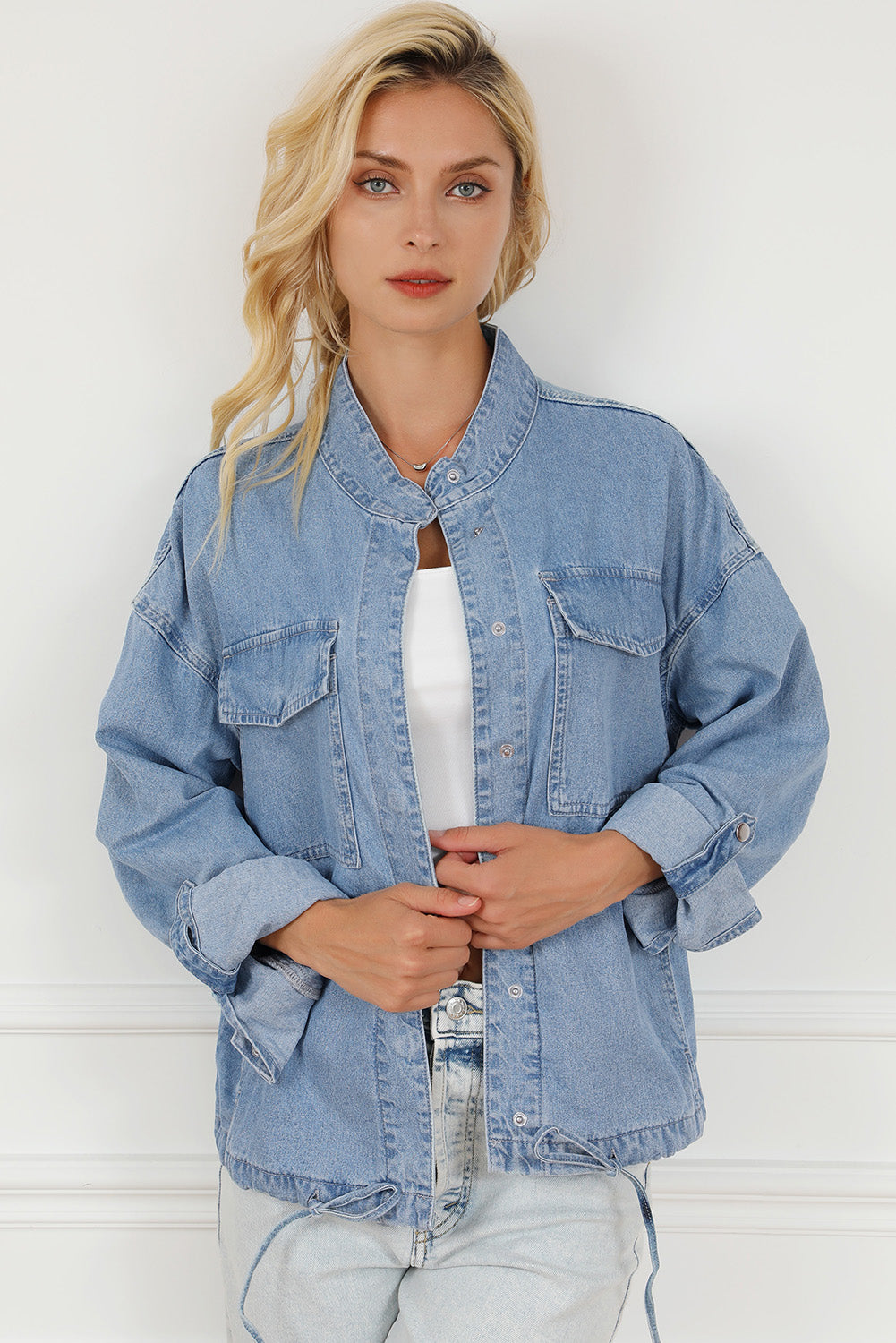 Snap Down Long Sleeve Denim Top-TOPS / DRESSES-[Adult]-[Female]-2022 Online Blue Zone Planet